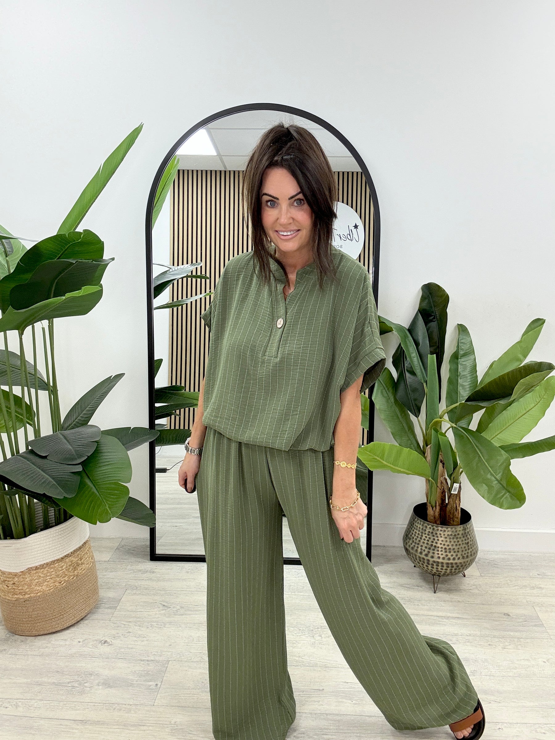 Brinley Button Pinstripe Co-Ord - Khaki