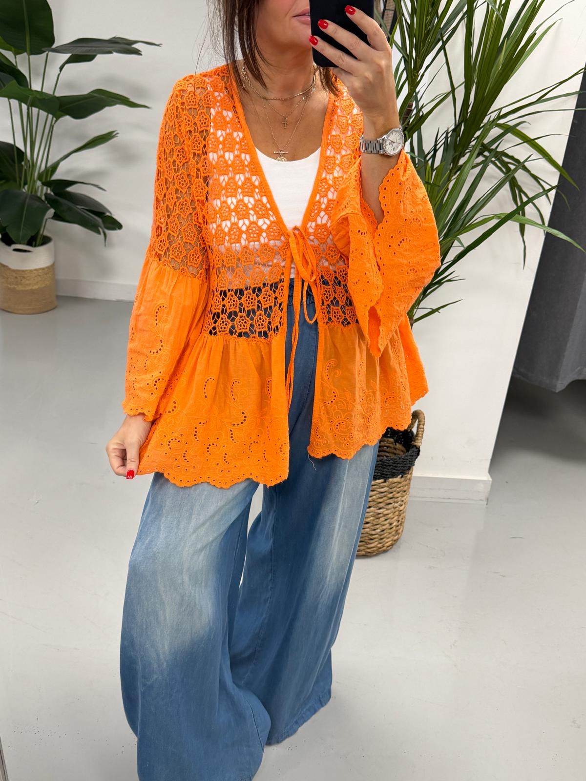 Sorrento Crochet/Broderie Tie Front - Orange