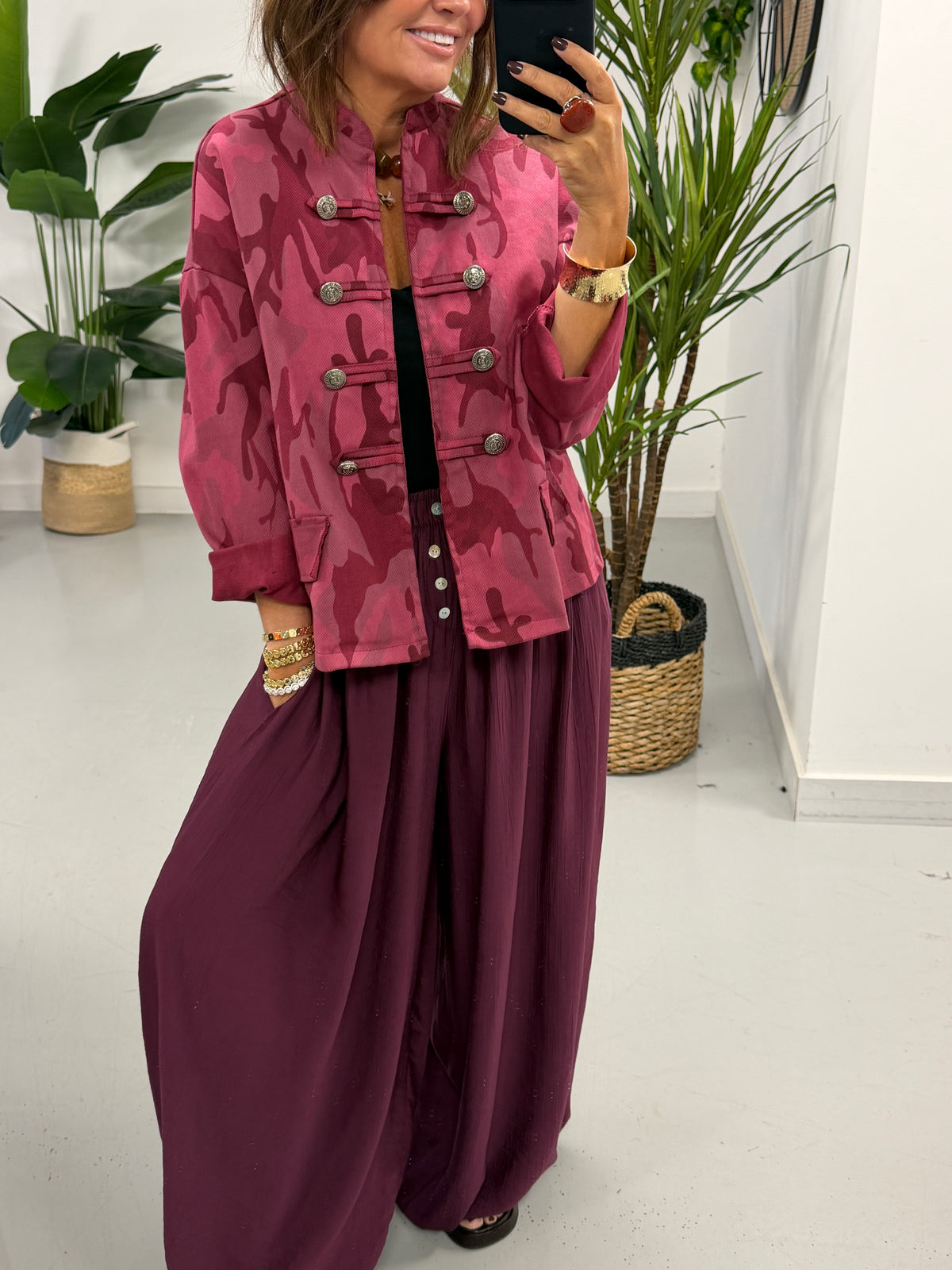 Camo Denim Military Jacket - Wine