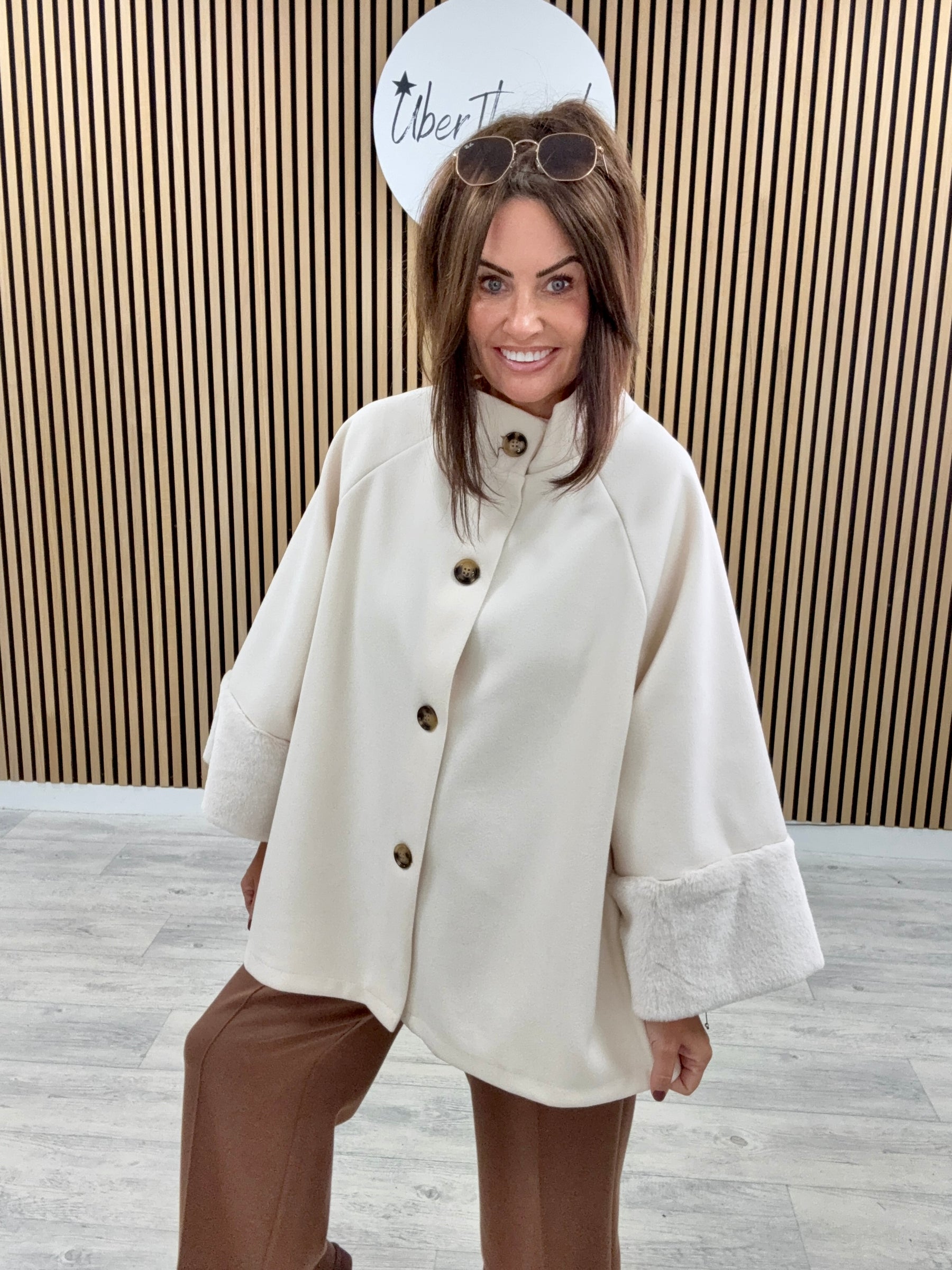 Faux Fur Sleeve Swing Jacket - Cream