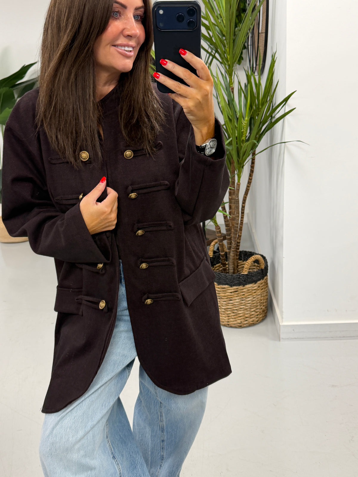 The Long Line Herringbone Style Military Jacket - Wine (Size 12-18)