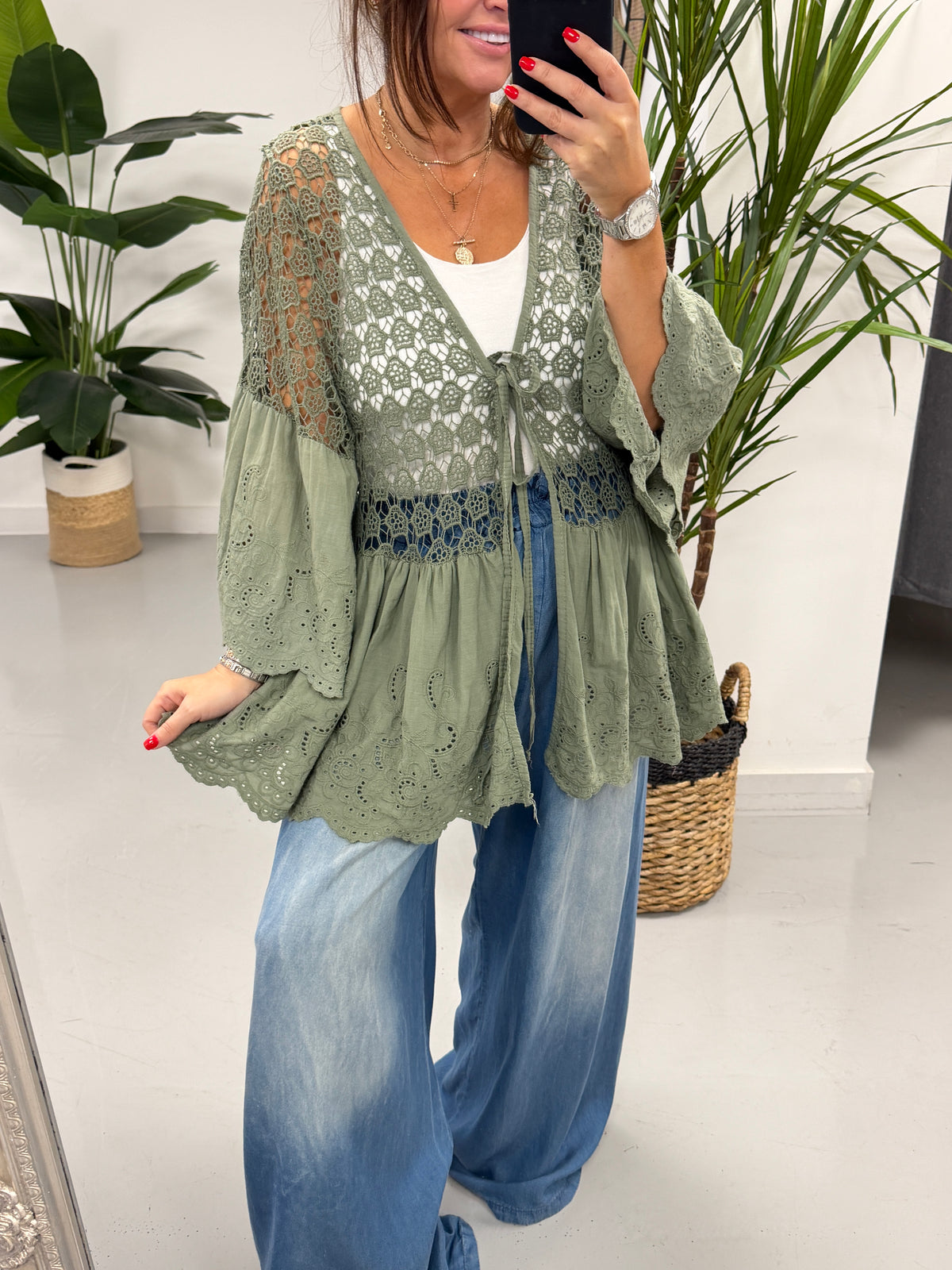 Sorrento Crochet/Broderie Tie Front - Khaki