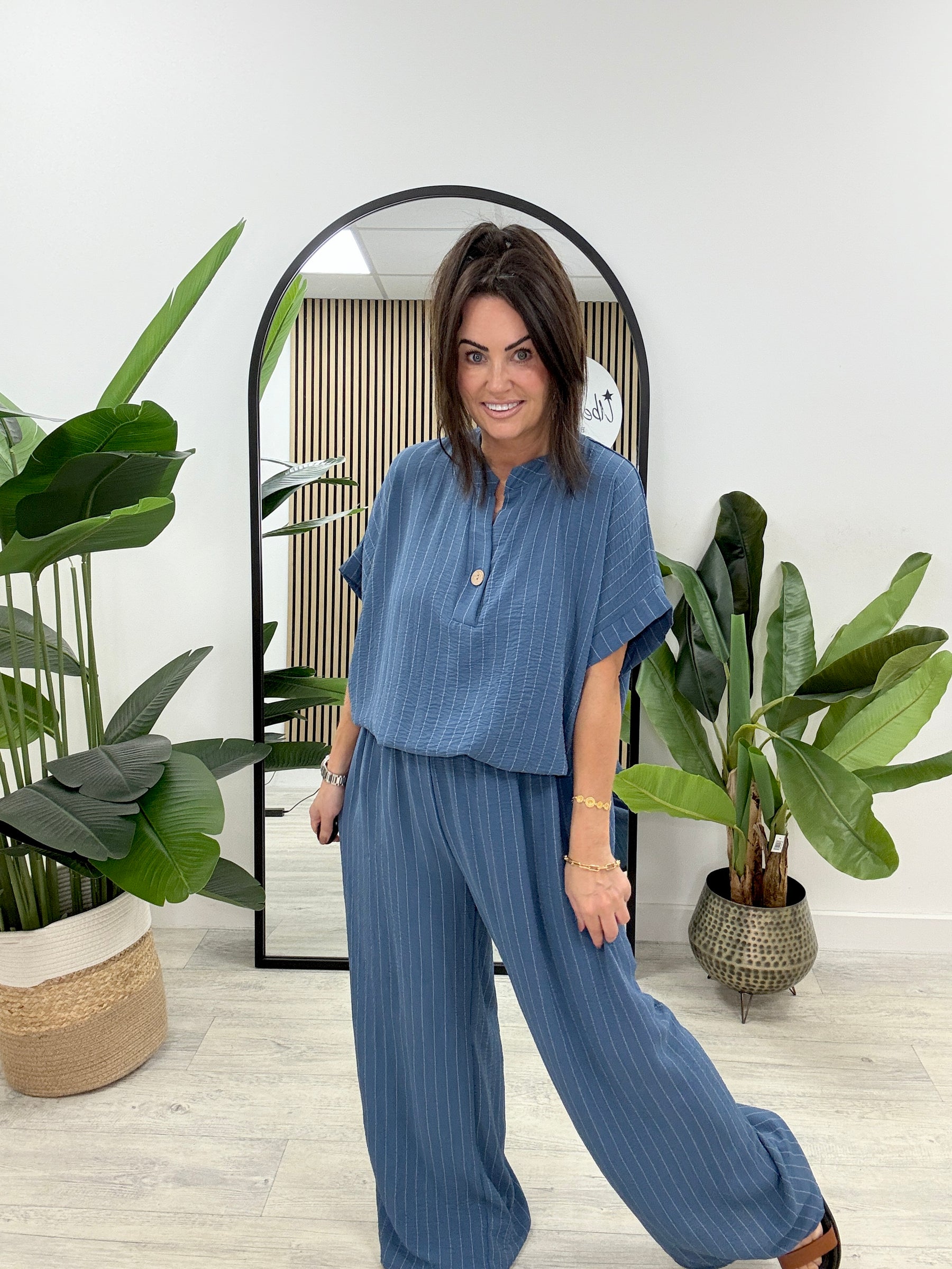 Brinley Button Pinstripe Co-Ord - Denim Blue
