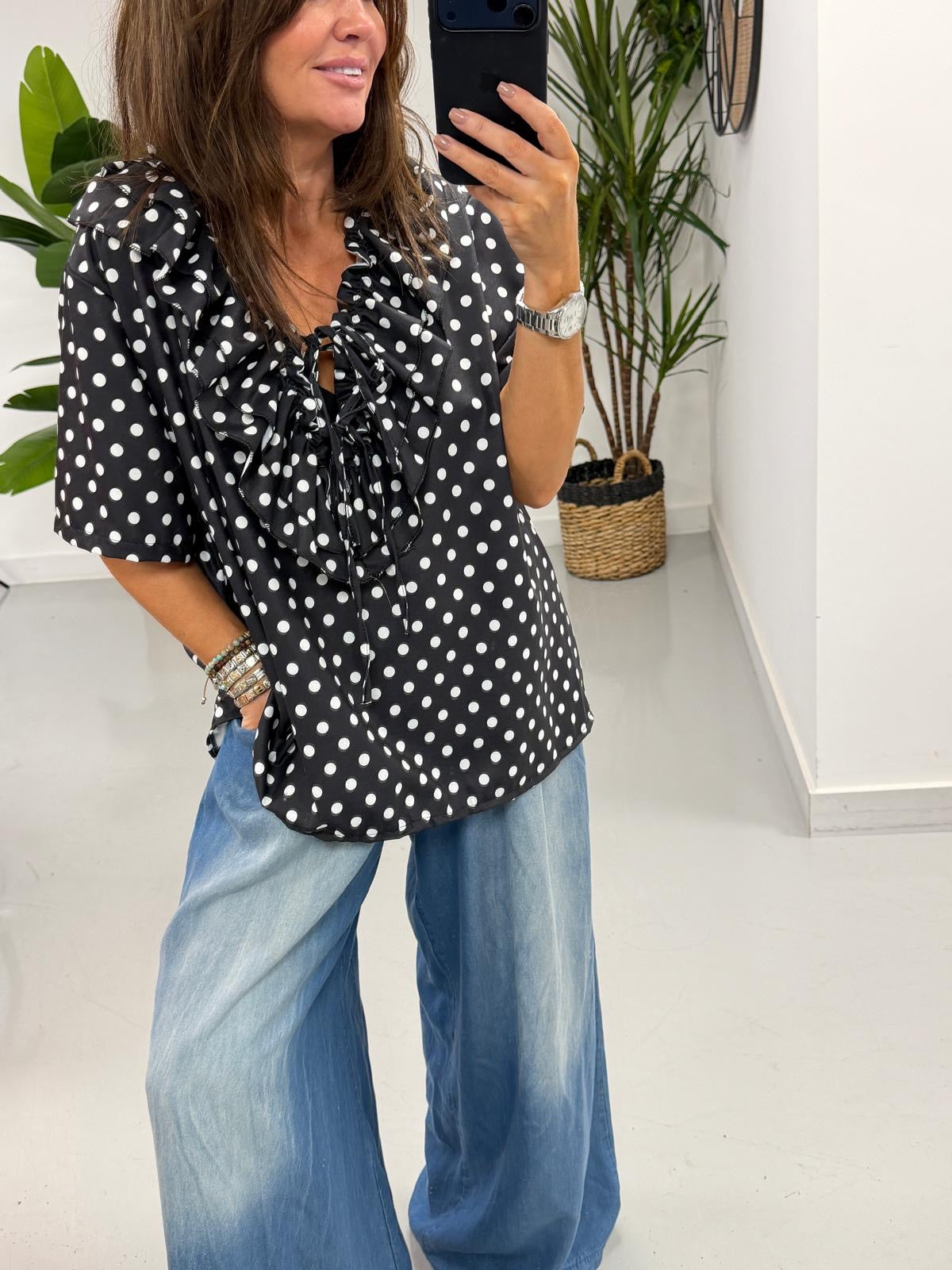 Spot the Double Ruffle Tie Blouse - Black