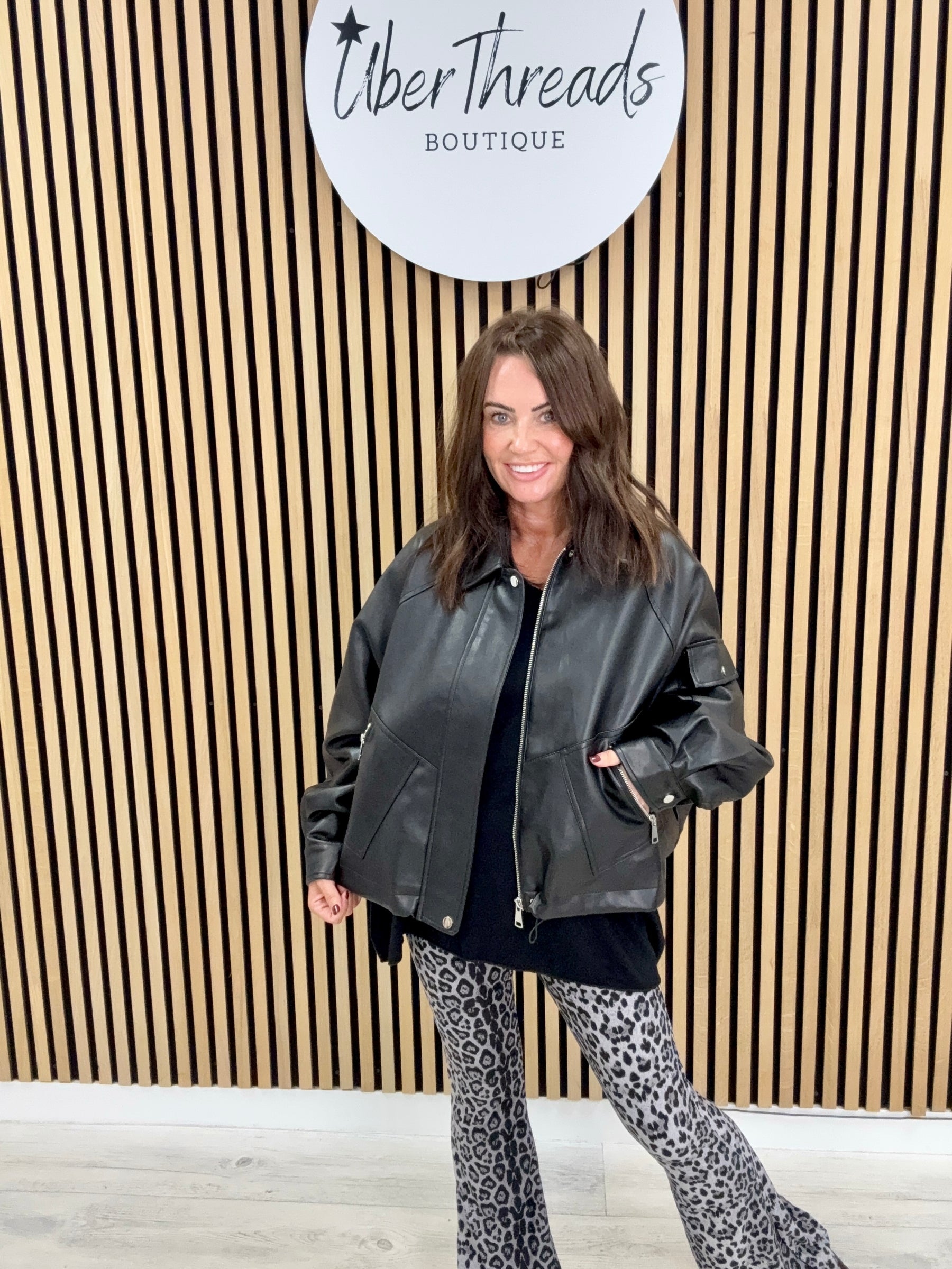 The Vegan Leather Ruched Back Bomber - Black