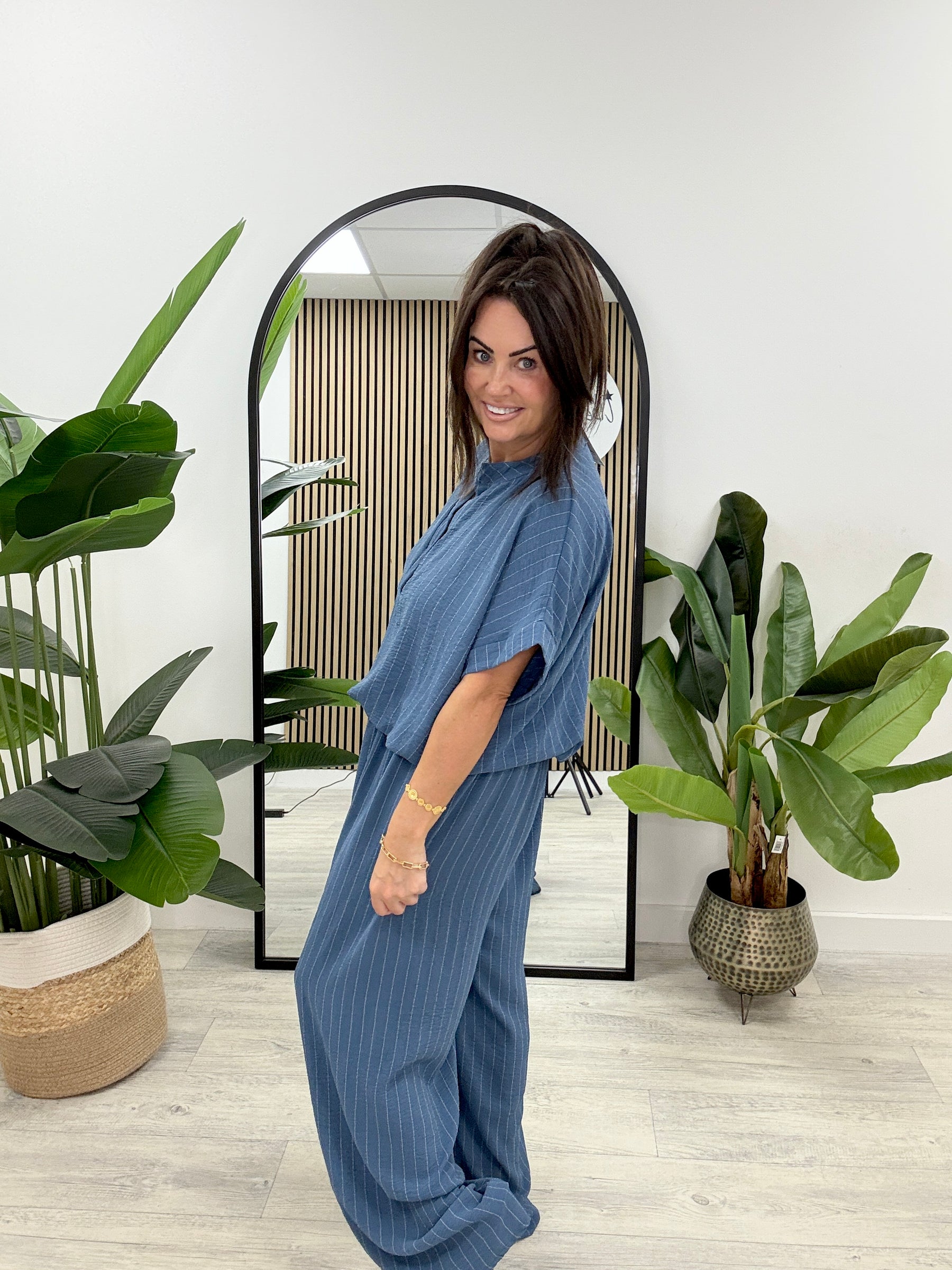 Brinley Button Pinstripe Co-Ord - Denim Blue