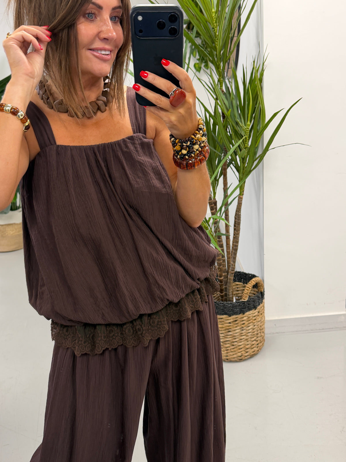 Crinkle Bubble Hem/Lace Cami - Chocolate