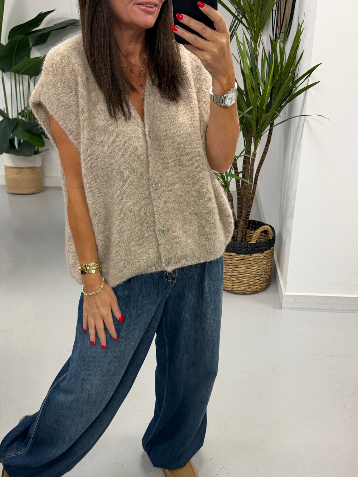 Button Up Slouchy Crop Sleeve Knit - Oatmeal