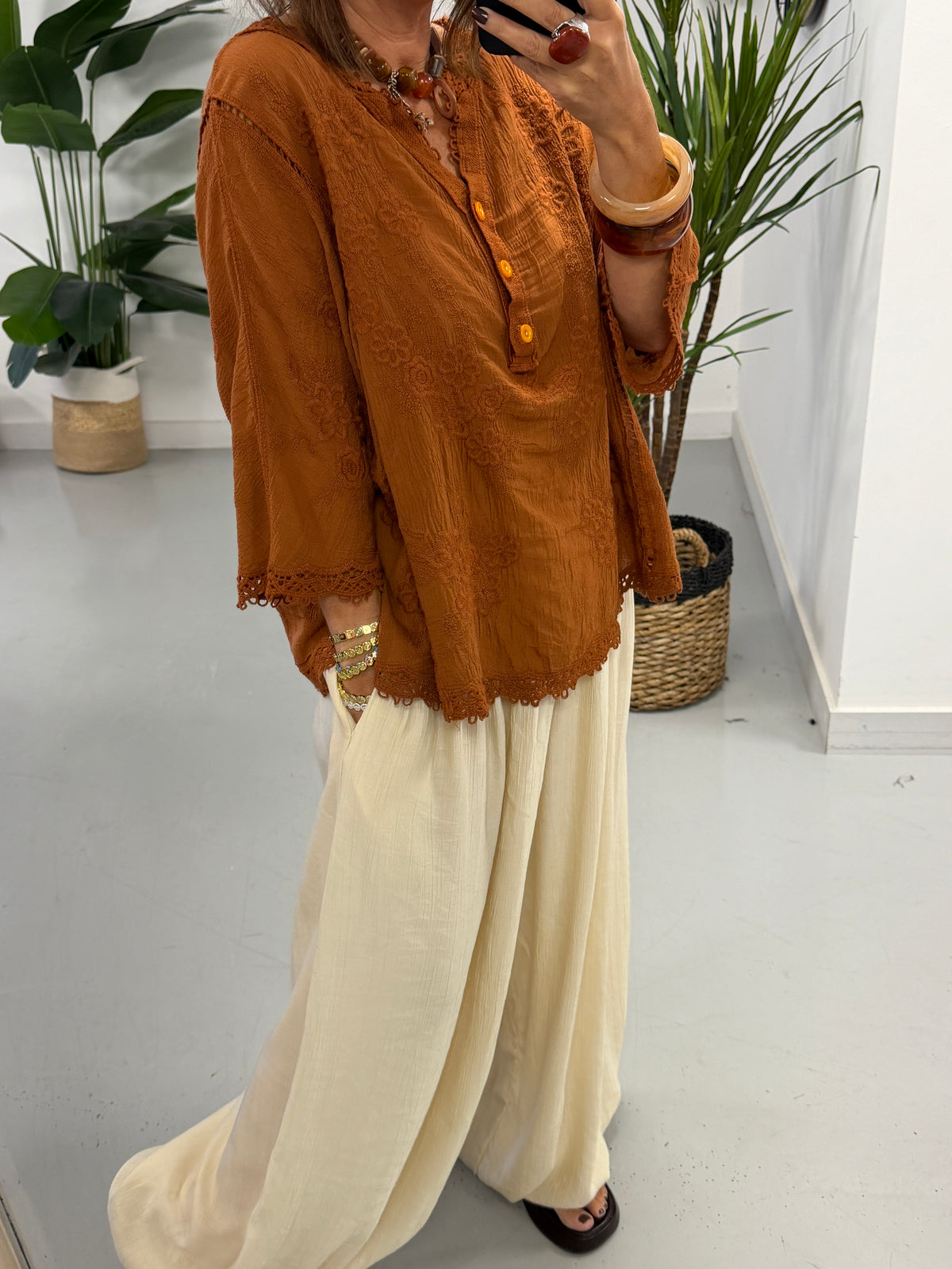Seville Lace Button Up Top - Rust