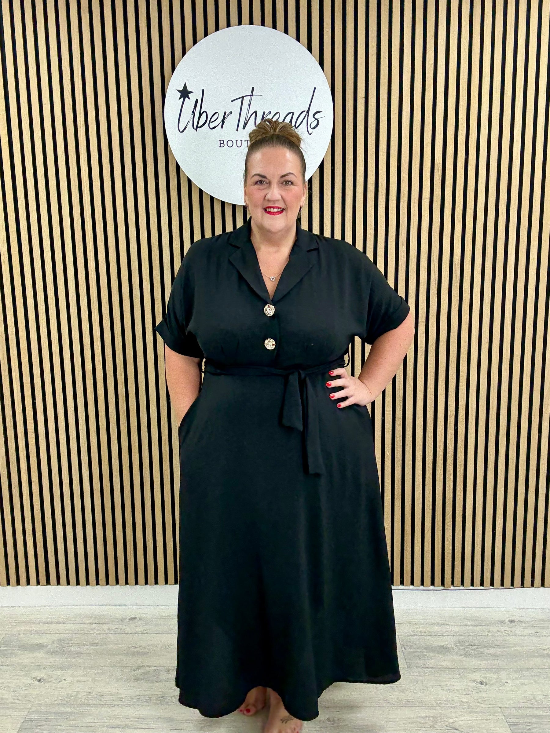 Chunky Button Belted Shirt Dress - Black