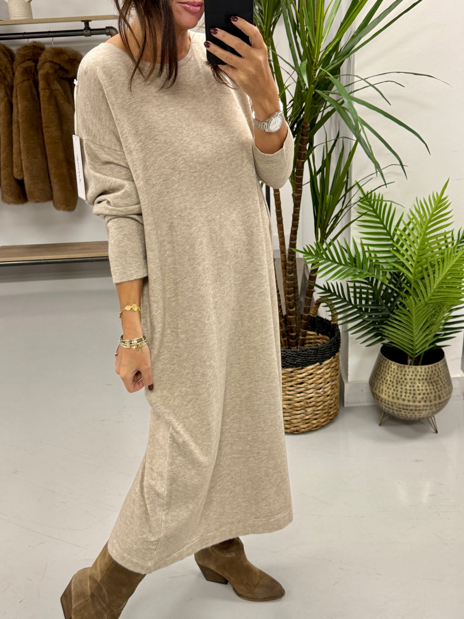 Knitted Button Back Dress - Oatmeal
