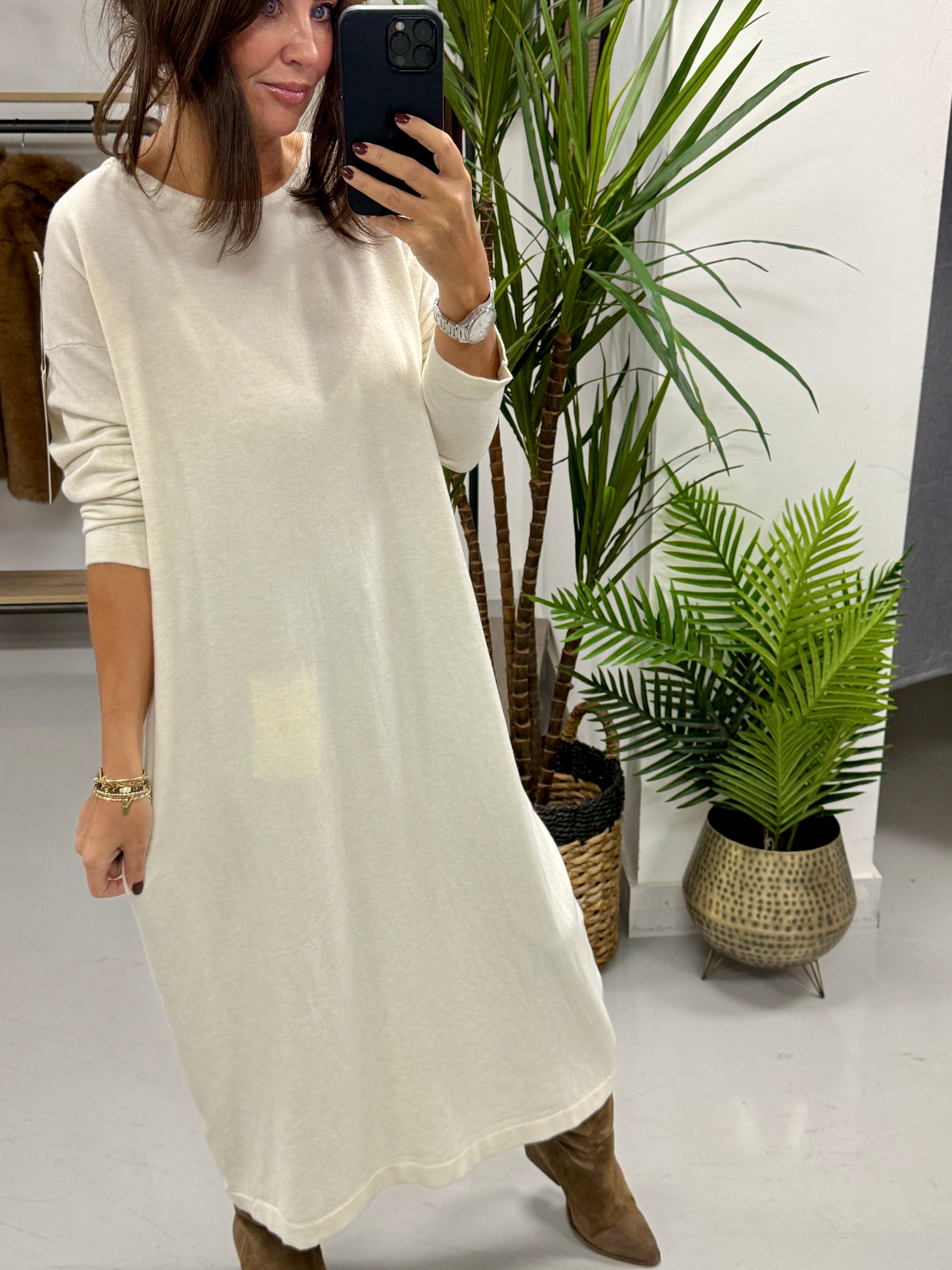 Knitted Button Back Dress - Cream