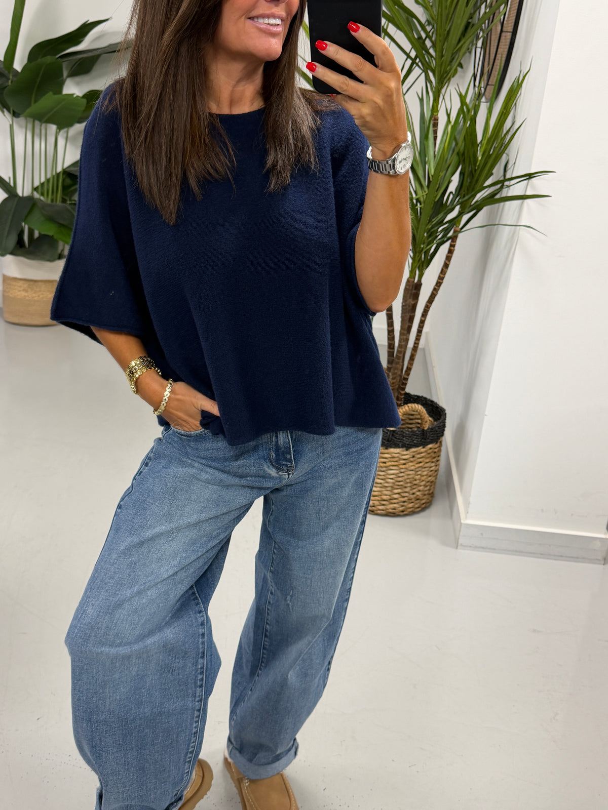 Gracie Crop Sleeve Knit - Navy Blue