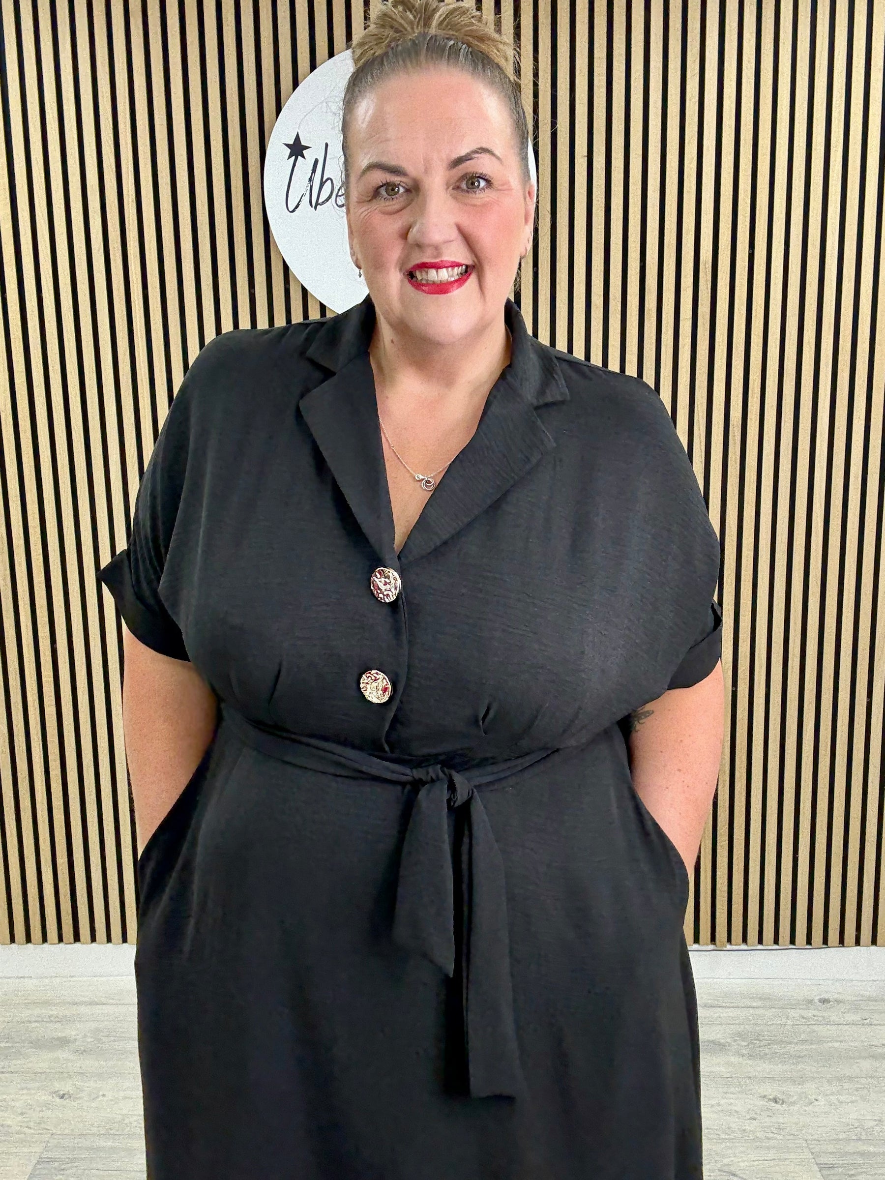 Chunky Button Belted Shirt Dress - Black