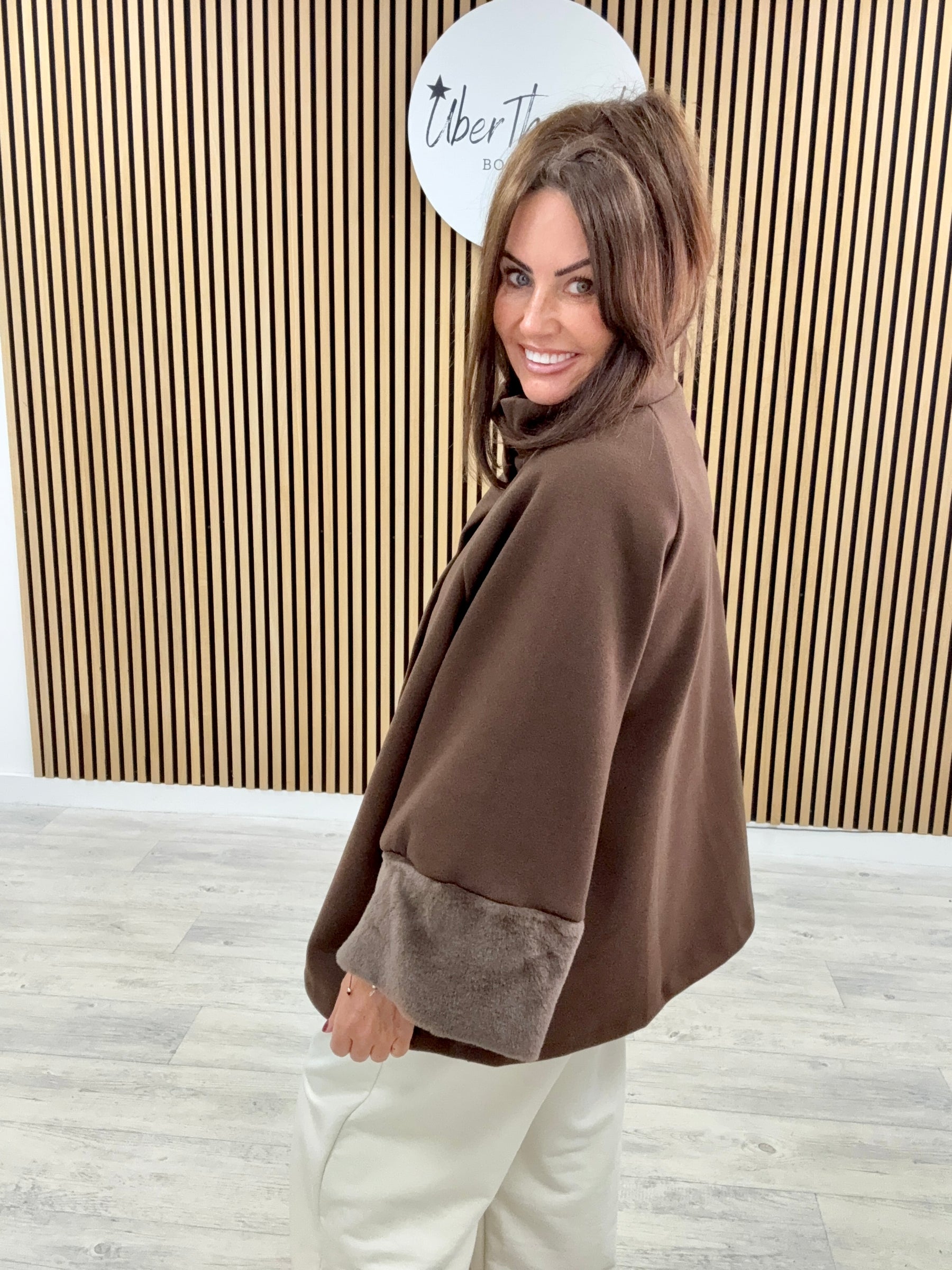 Faux Fur Sleeve Swing Jacket - Chocolate