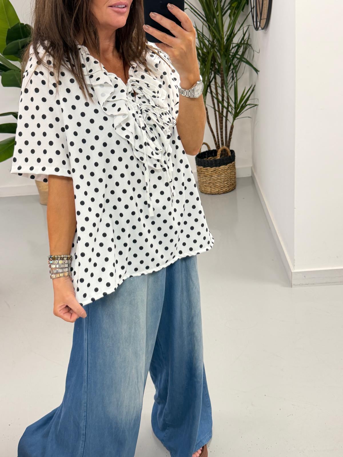 Spot the Double Ruffle Tie Blouse - White