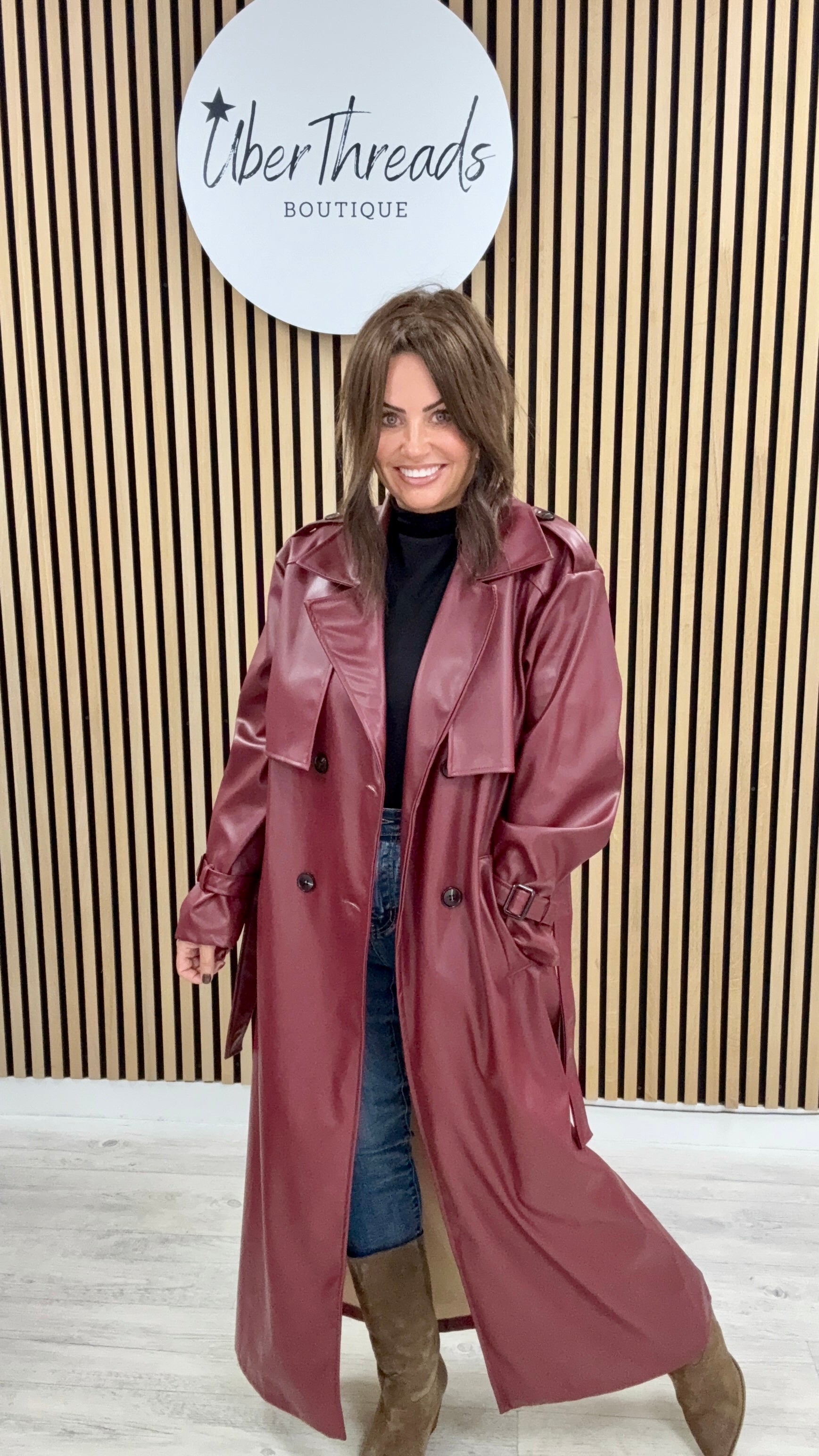 Chelsea PU Trench Coat - Burgandy