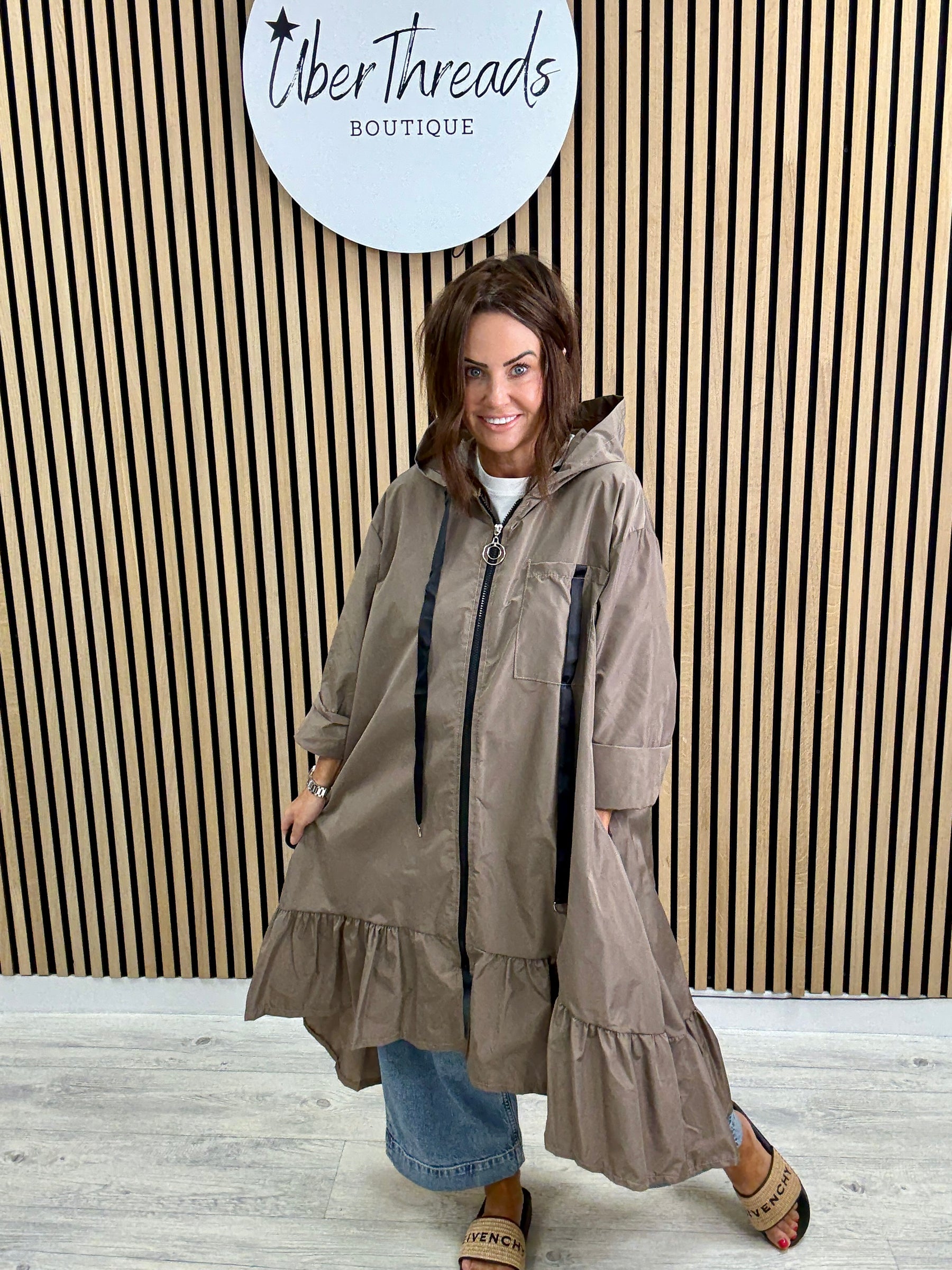 The High Low Frill Rainmac - Taupe