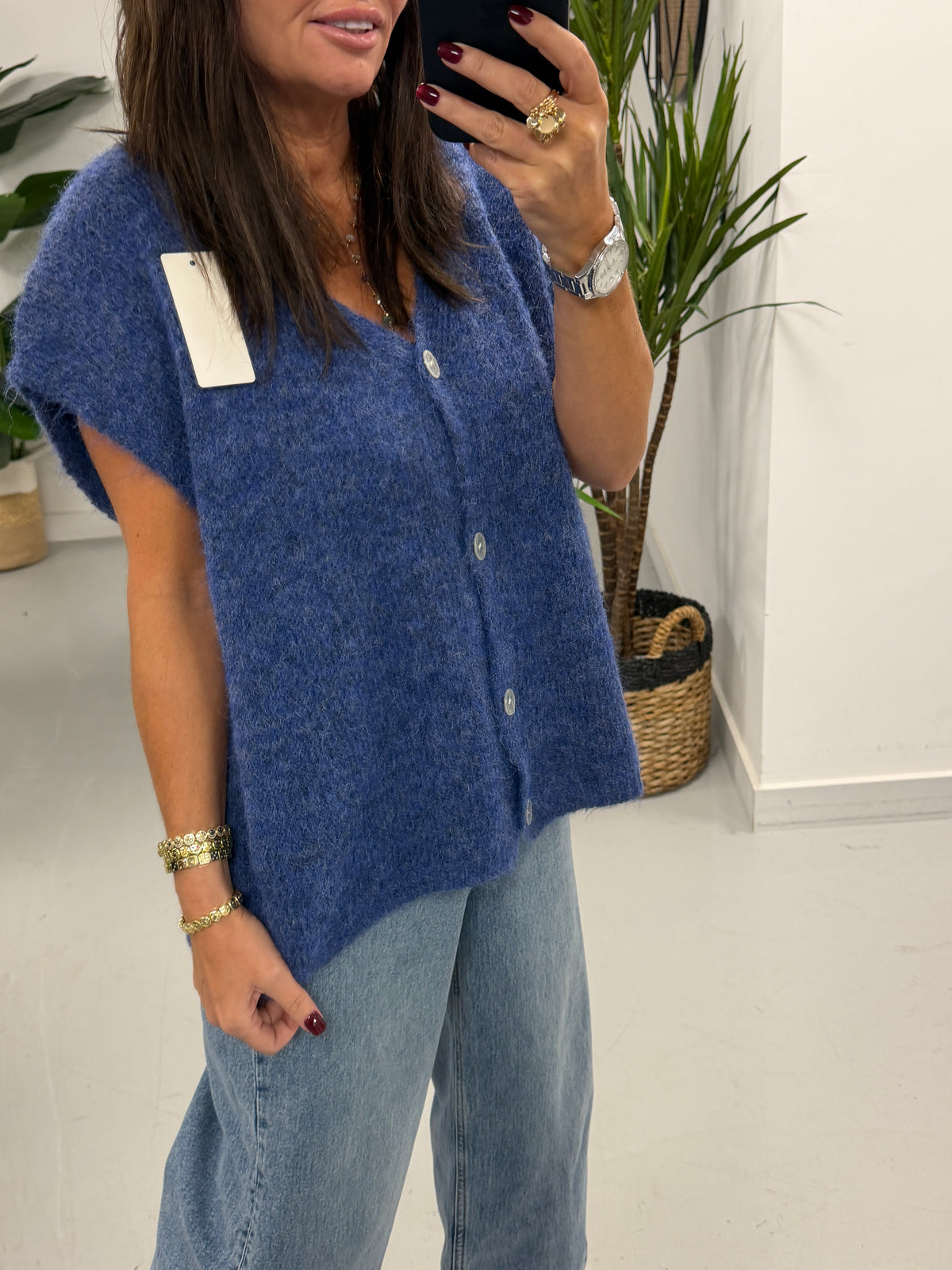 Button Up Slouchy Crop Sleeve Knit - Denim Blue (Size 12-18)