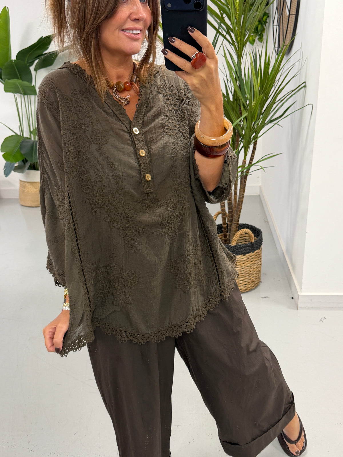 Seville Lace Button Up Top - Chocolate