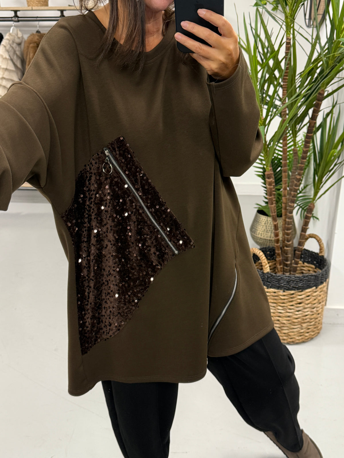 The Sequin Scuba Zip Top - Chocolate