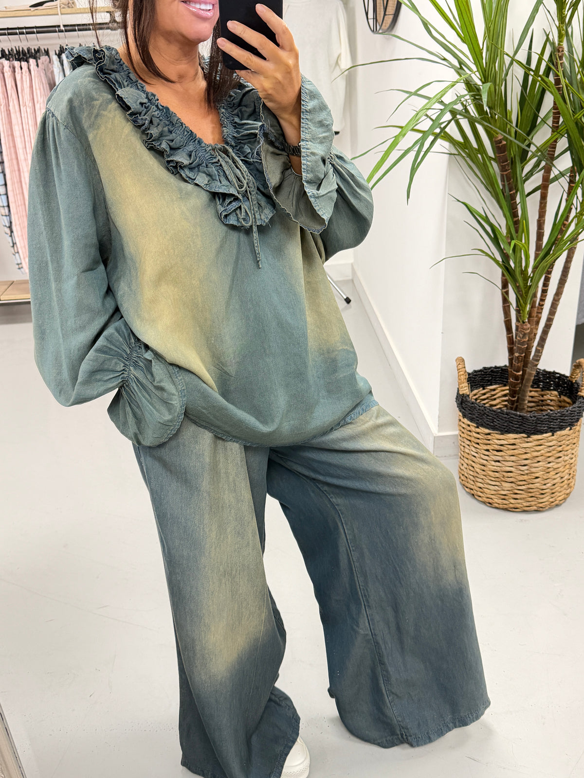 Deniably Denim Ruffle Tie Blouse - Distressed Denim Special Price no returns no blue light card