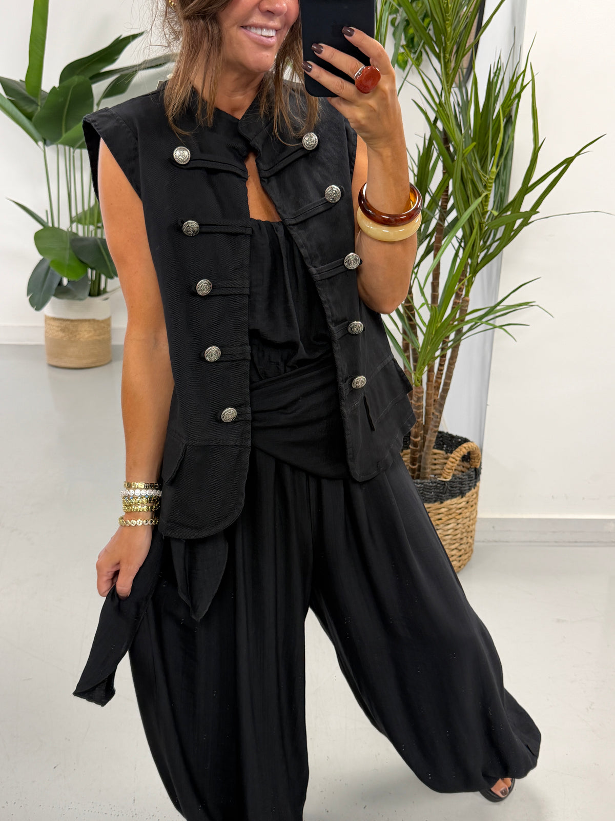 Denim Military Waistcoat - Black