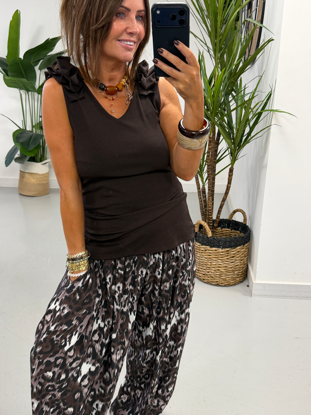 The Shirred TicToc Crinkle Balloon Trouser - Chocolate Animal