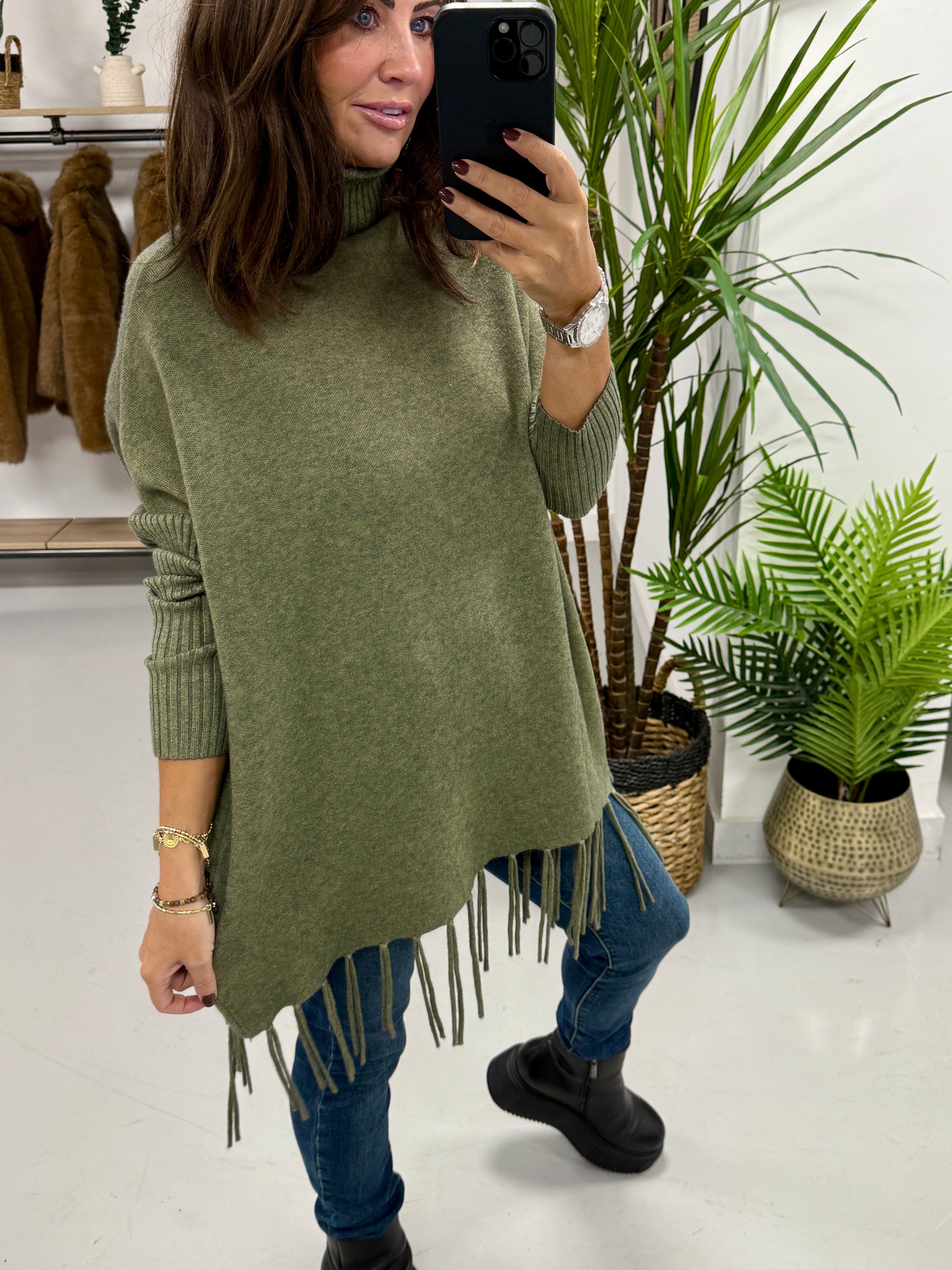 The Roll Neck Fringed Knit - Khaki