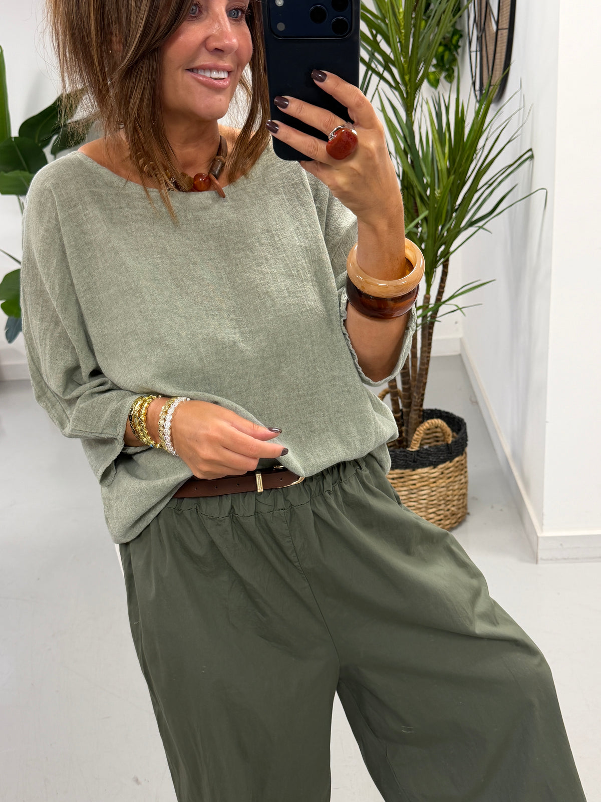 Linen Blend Boxy Top - Khaki