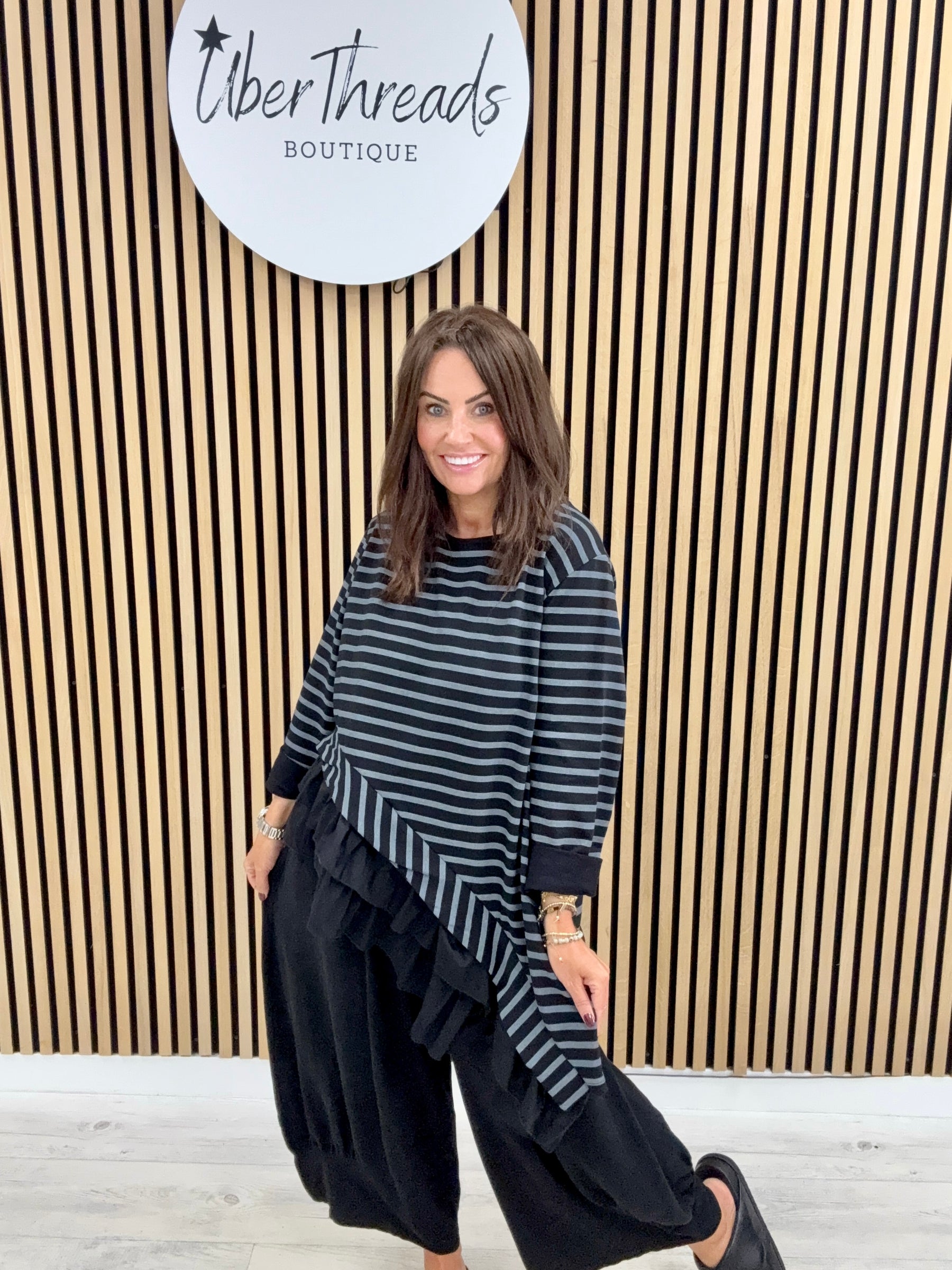 I.D Clothing Stripe Frill Tunic - Black