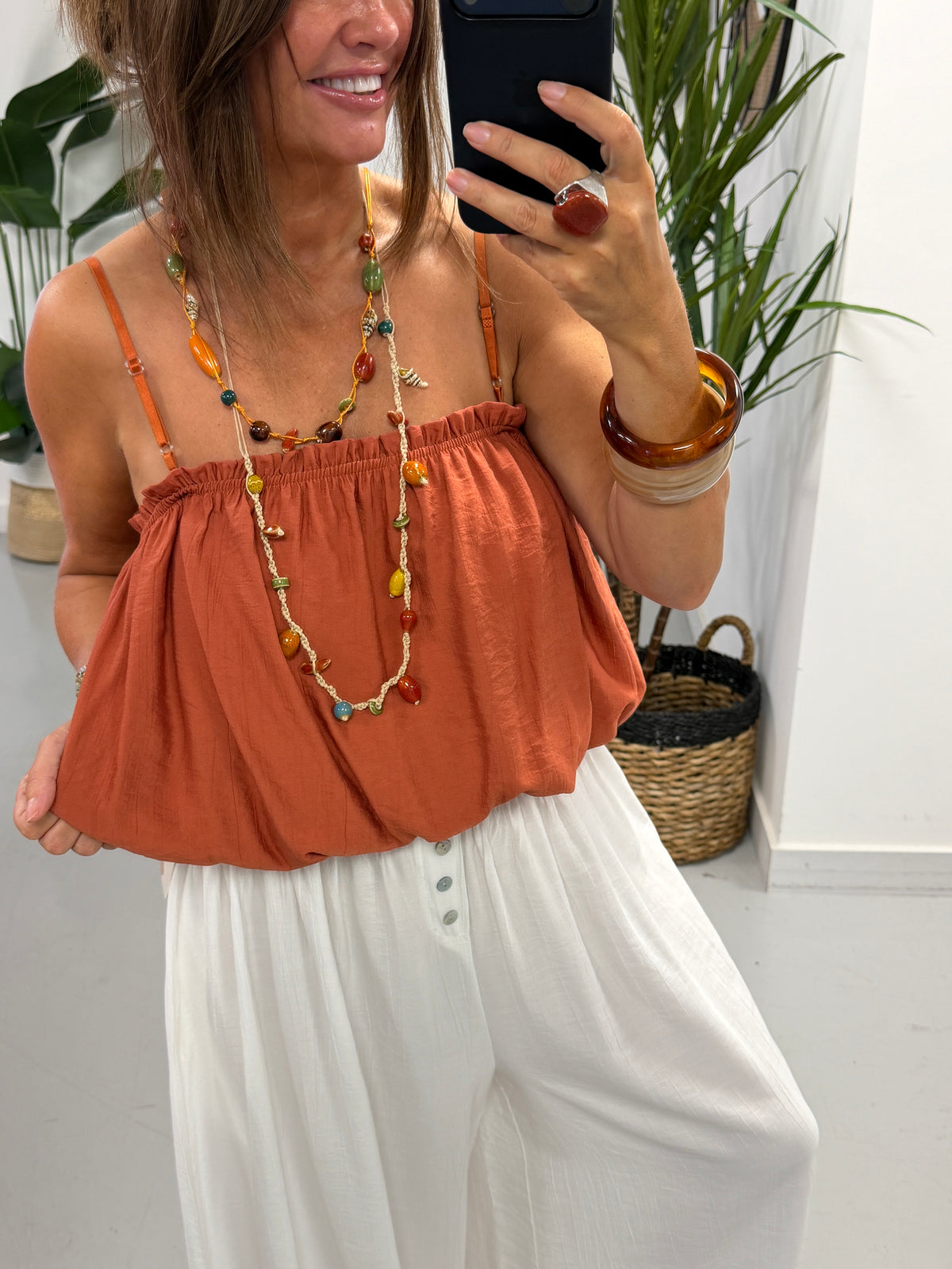 Crinkle Bubble Hem Cami - Rust