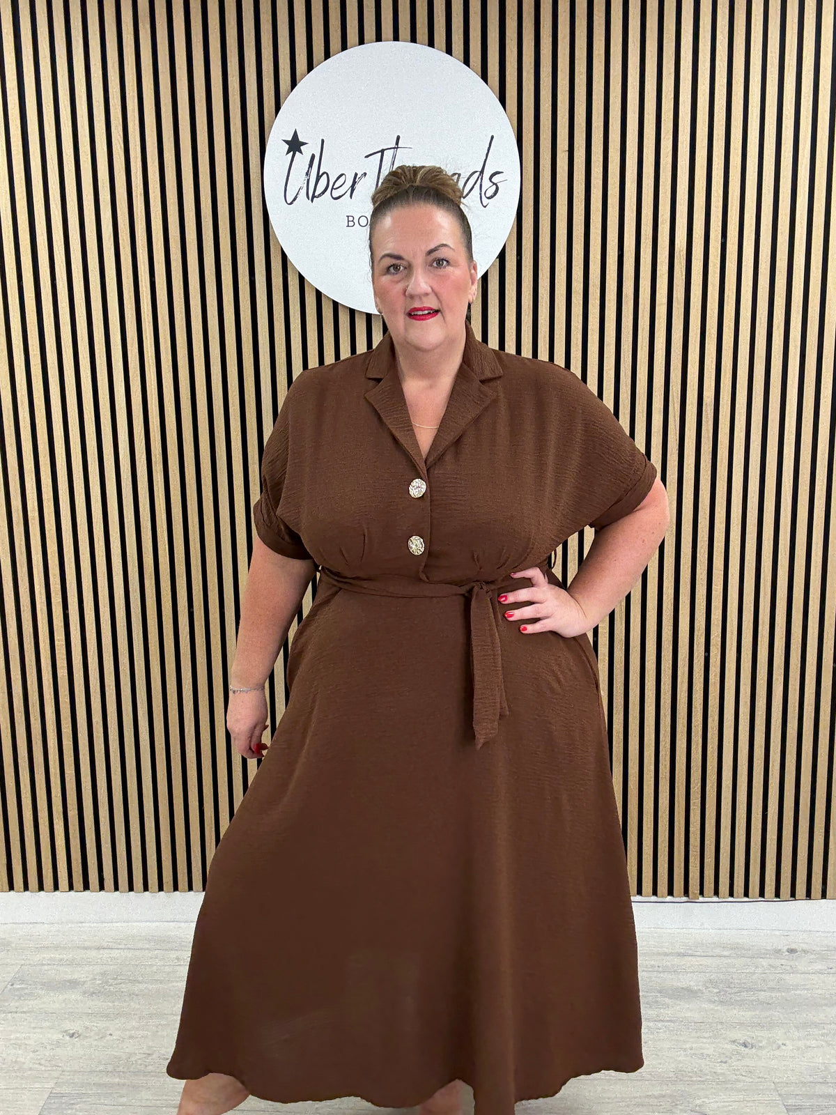 Chunky Button Belted Shirt Dress - Chocolate