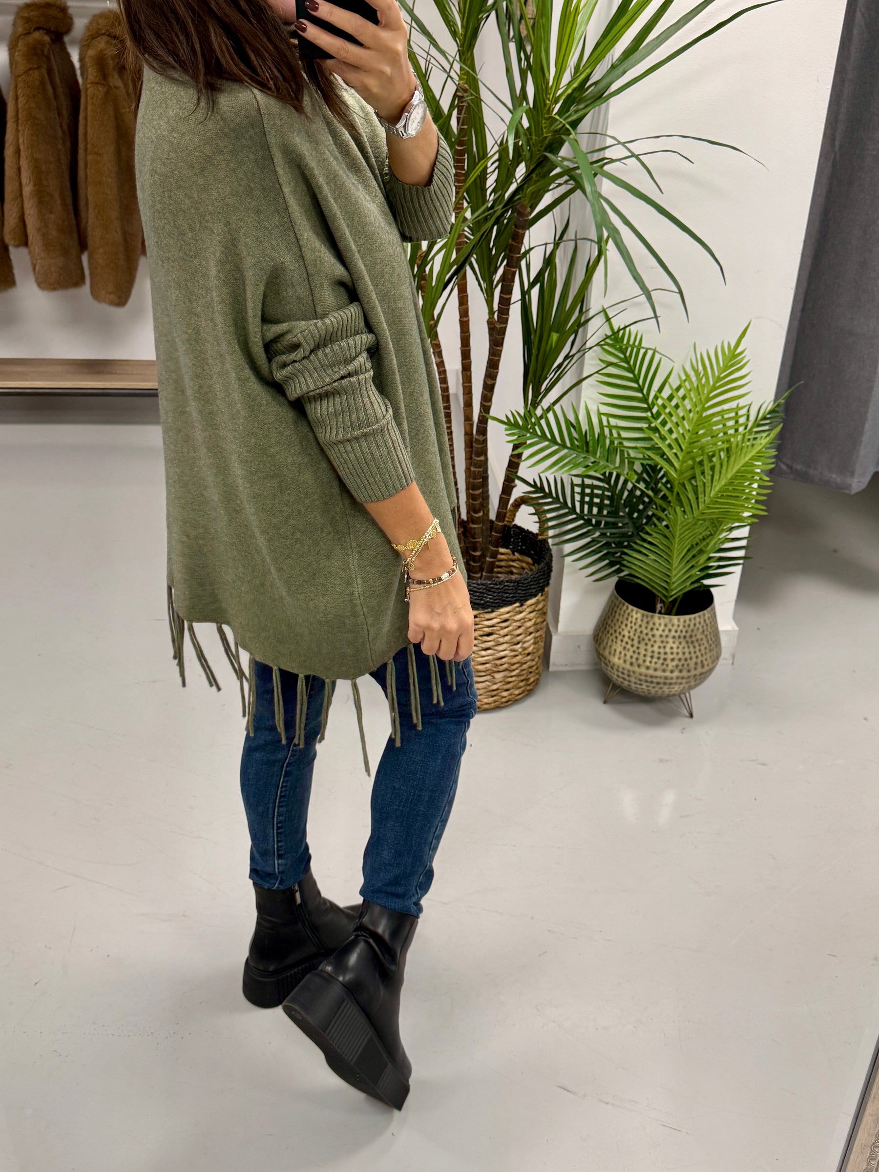 The Roll Neck Fringed Knit - Khaki