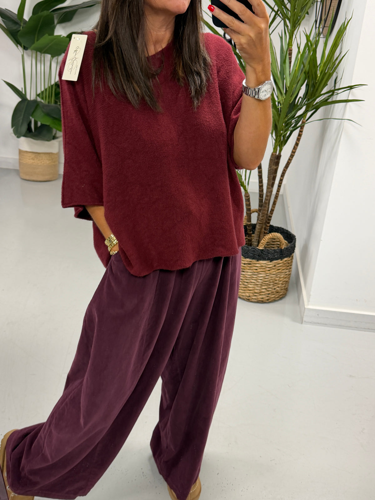 Gracie Crop Sleeve Knit - Wine
