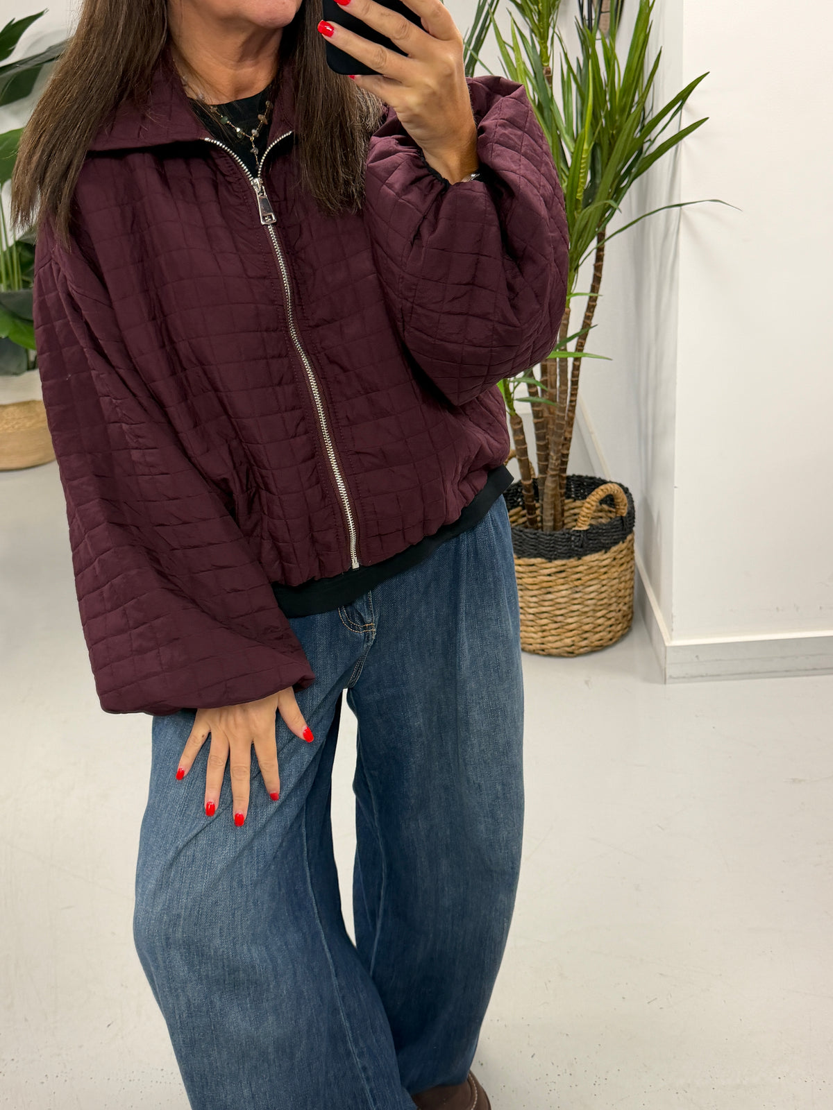 Lightweight Quilted Bomber - Wine (Size 8-14)