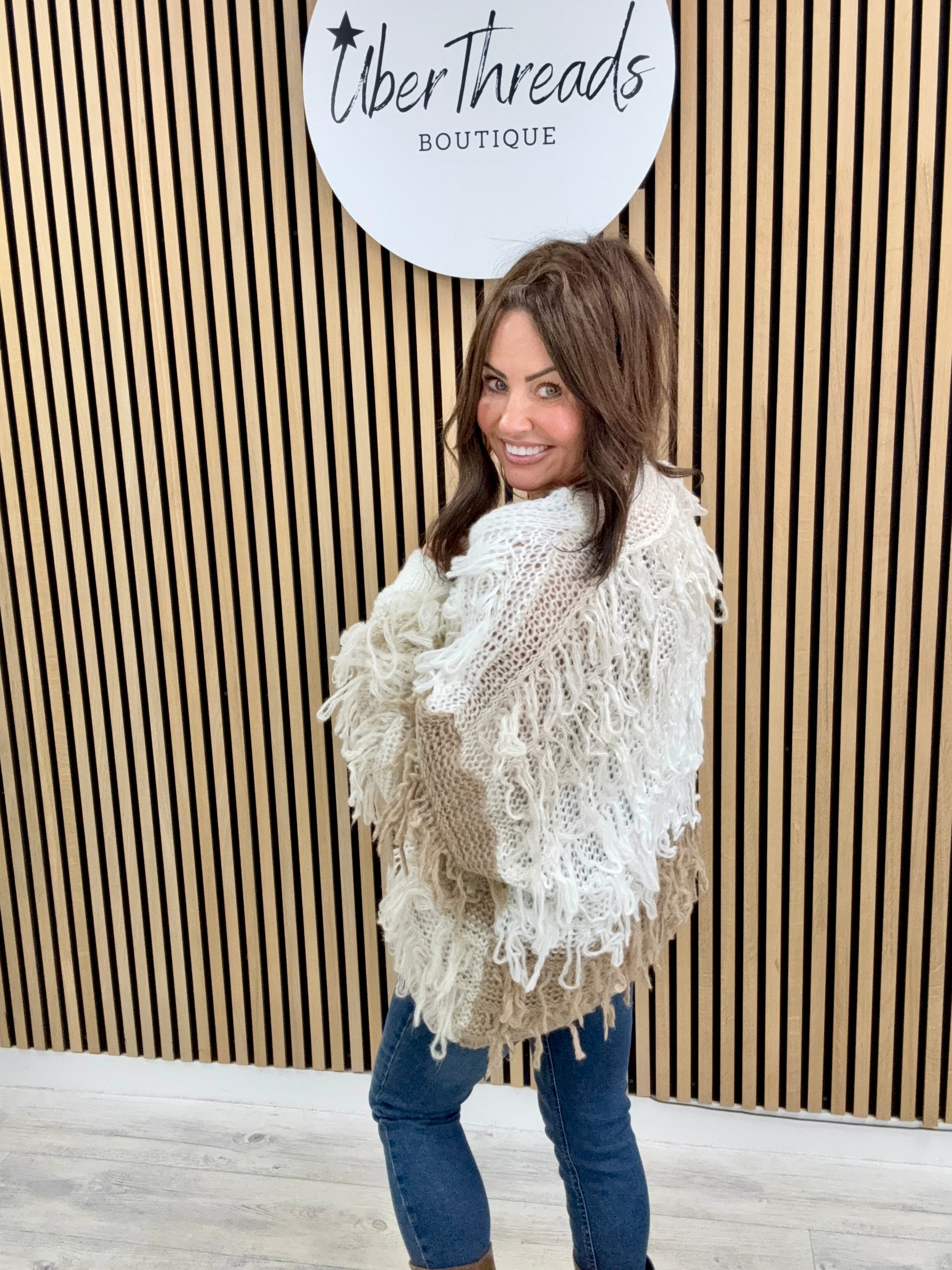 The Shaggy Cardigan - Camel/Stone/White