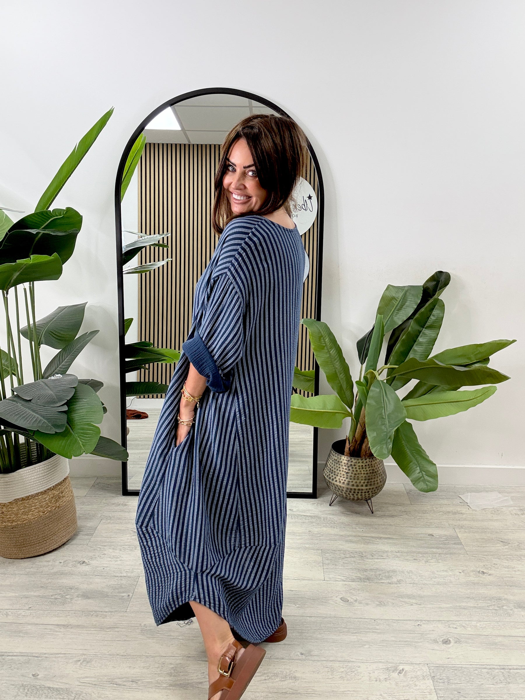The Cocoon Striped Pocket Dress - Navy