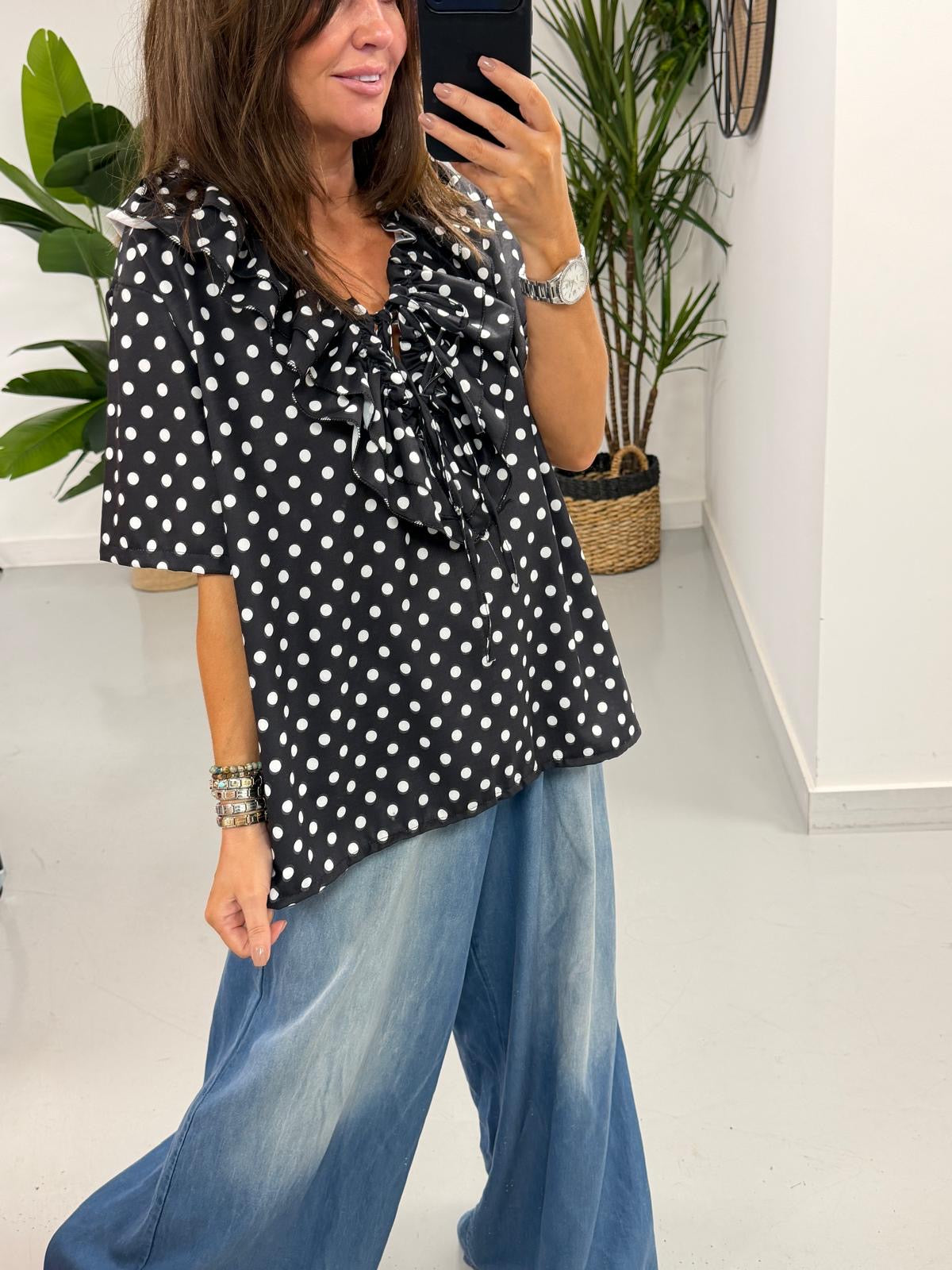 Spot the Double Ruffle Tie Blouse - Darkest Chocolate