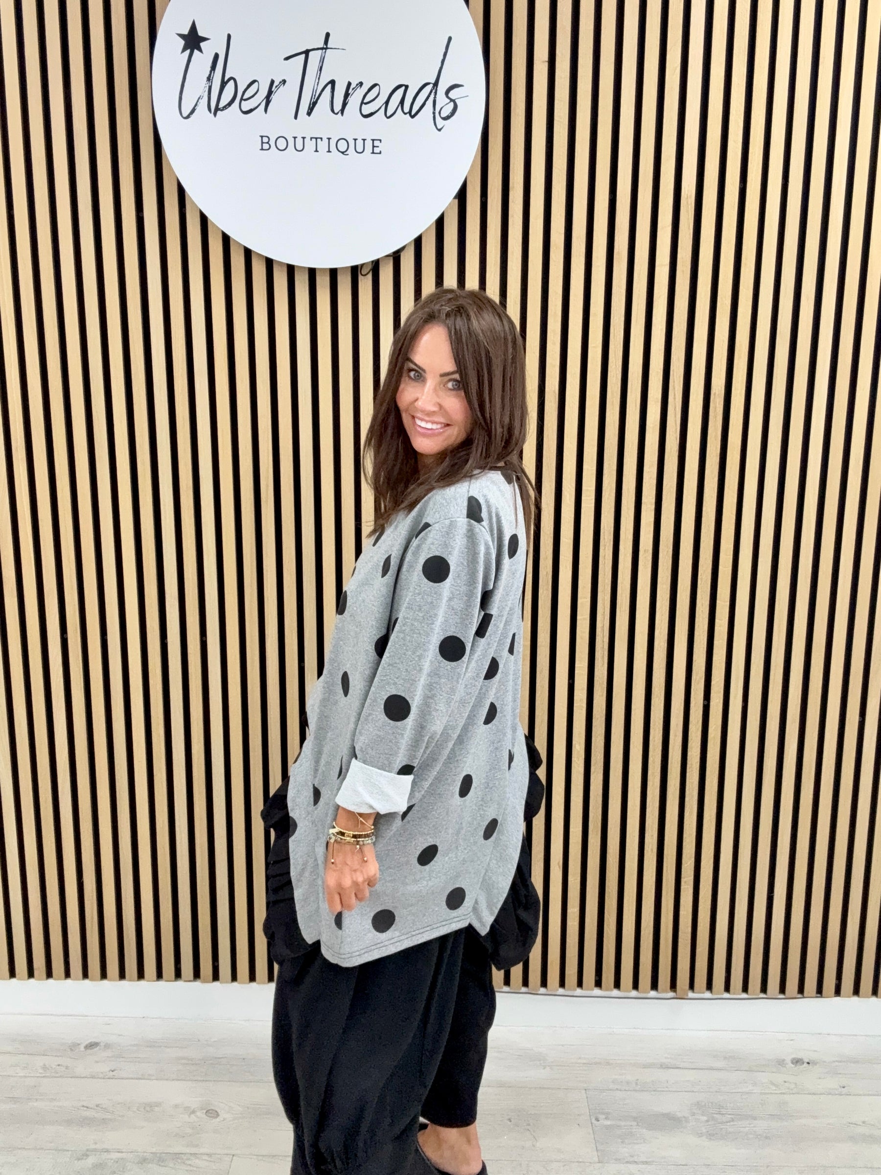 I.D Clothing Polka Dot Frill Tunic - Grey