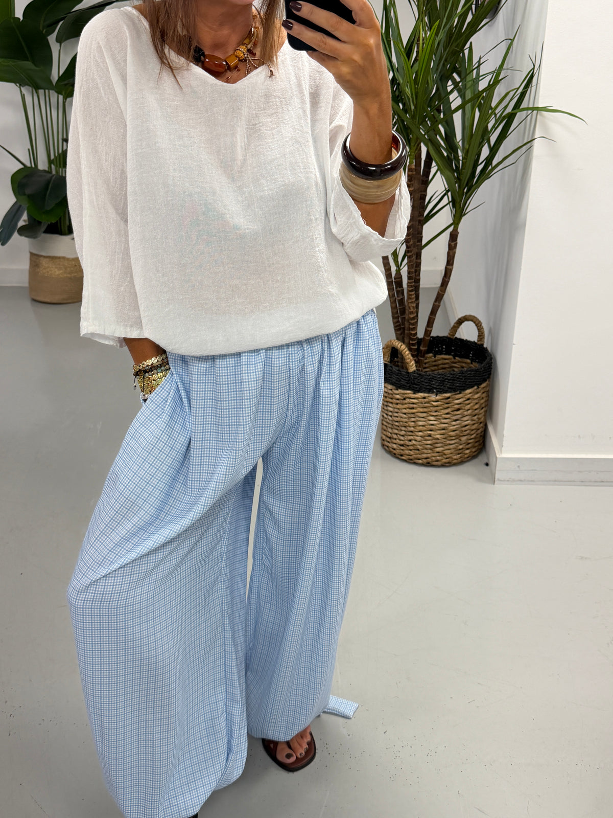 Checked Tie Cuff Trousers -Blue