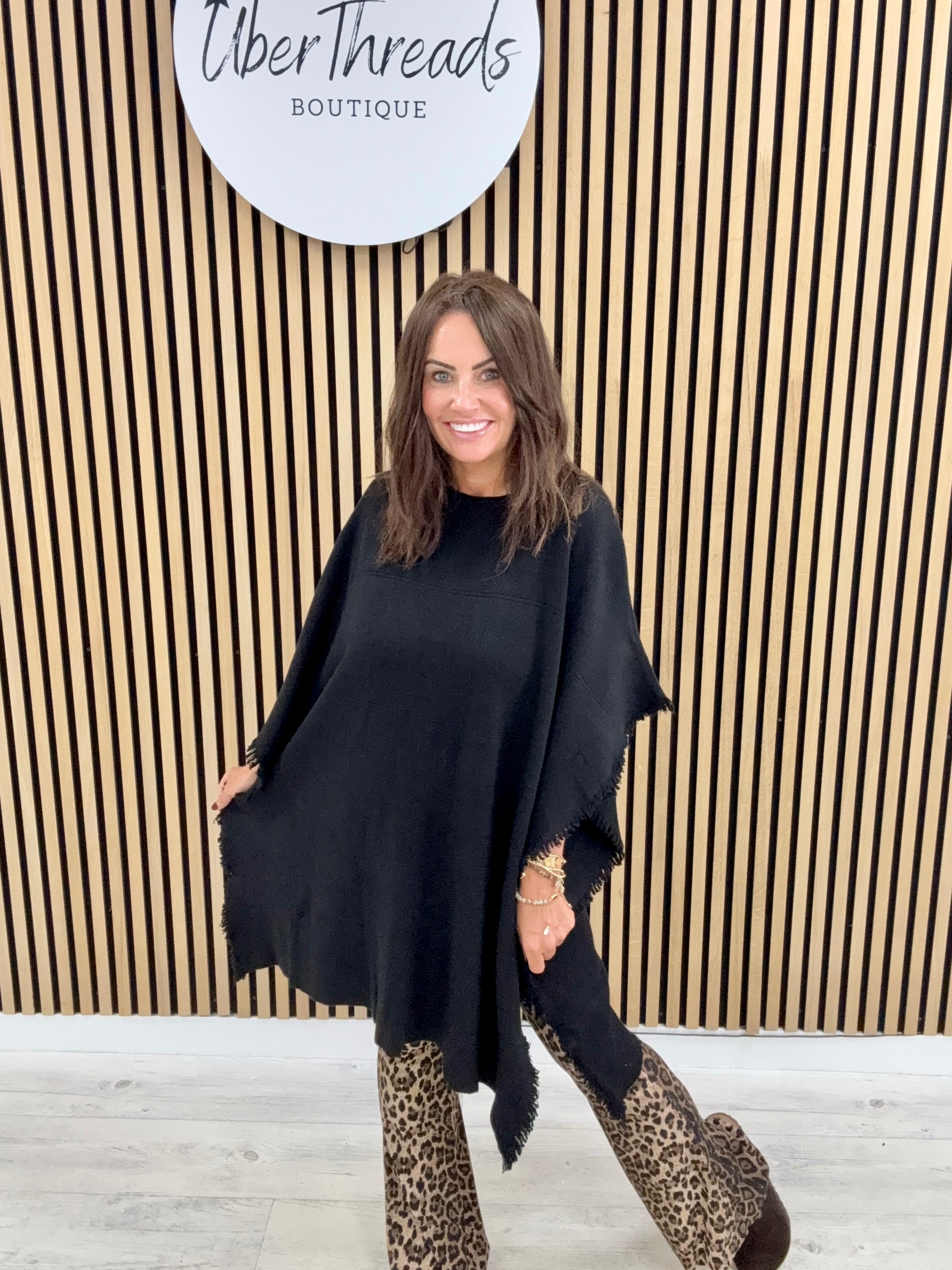 The Frayed Button Poncho - Black