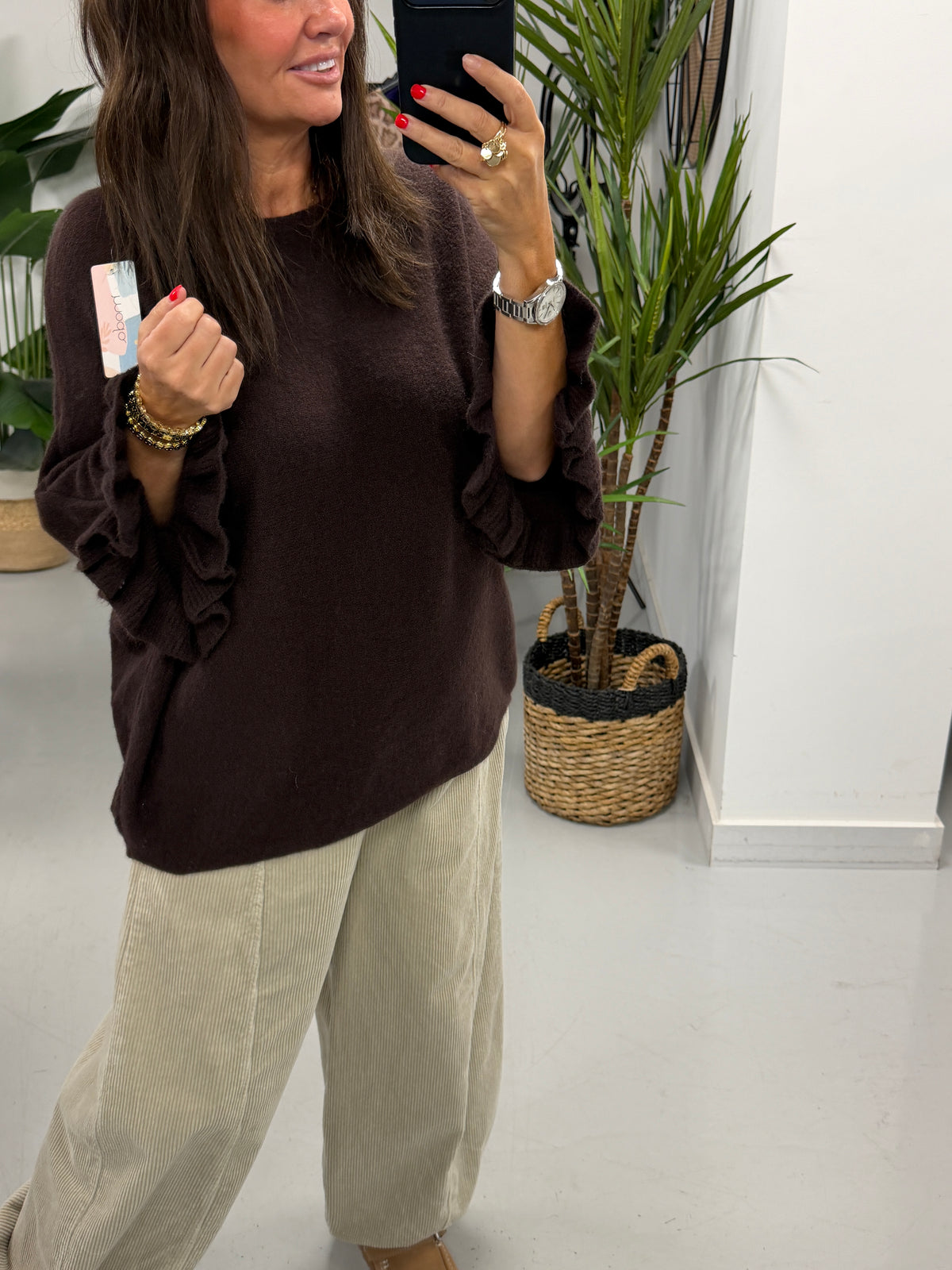 Slouchy Frill Sleeve Knit - Chocolate (Size 12 - 18)