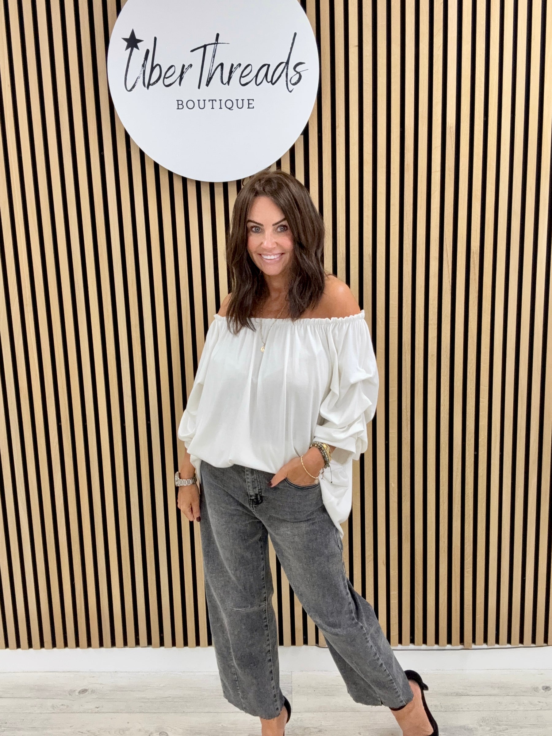 Palma Puff Sleeve Bardot Soft Knit - White