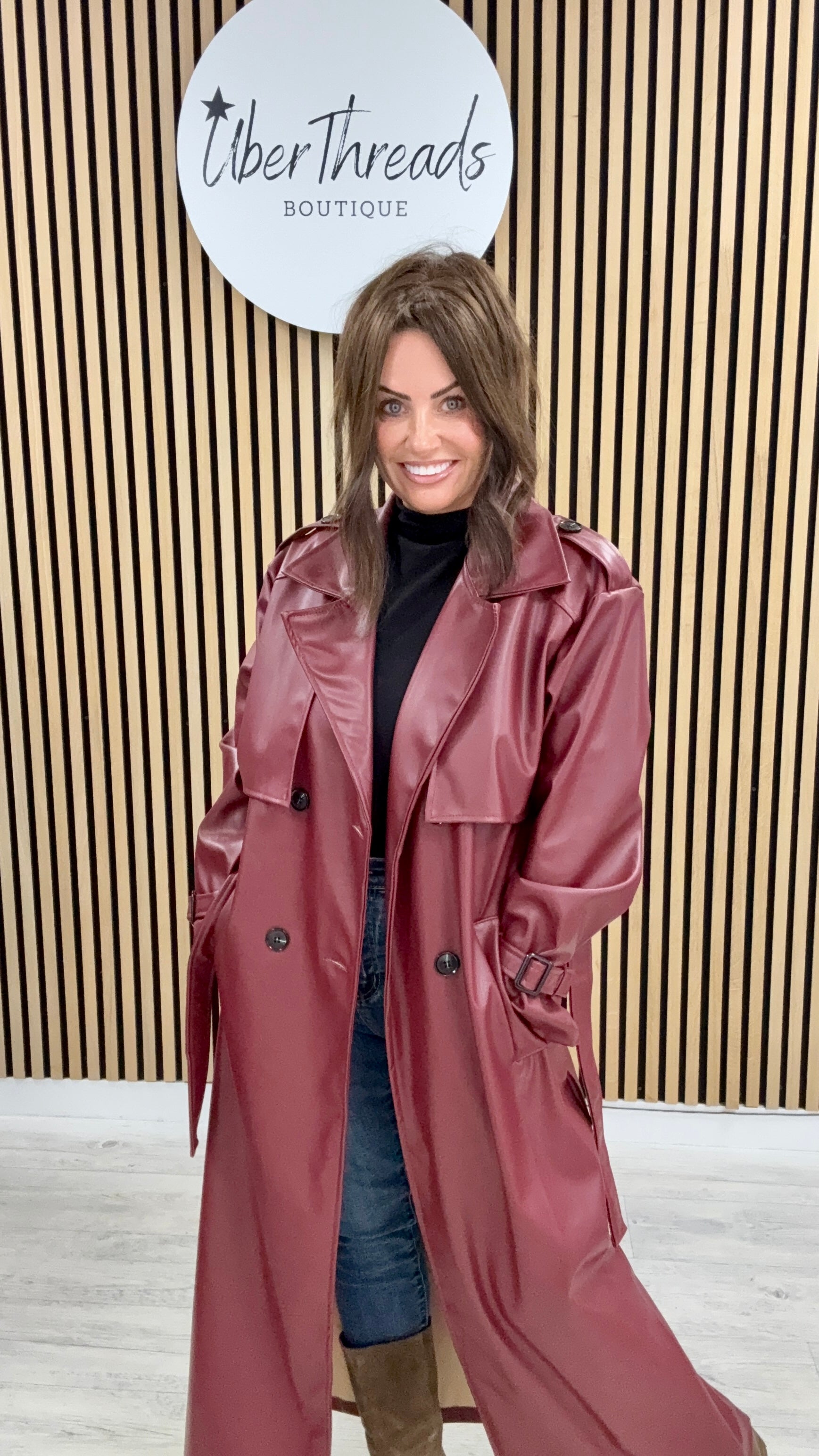 Chelsea PU Trench Coat - Burgandy