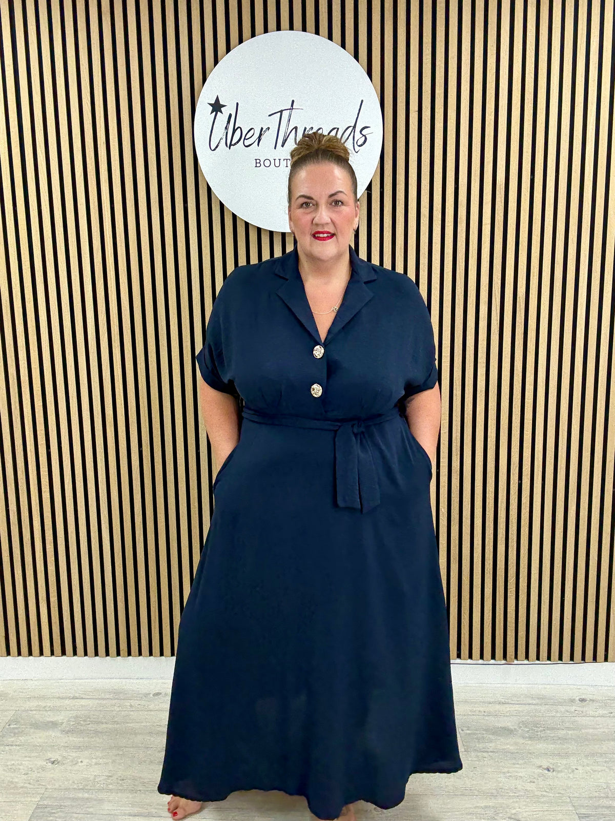 Chunky Button Belted Shirt Dress - Navy