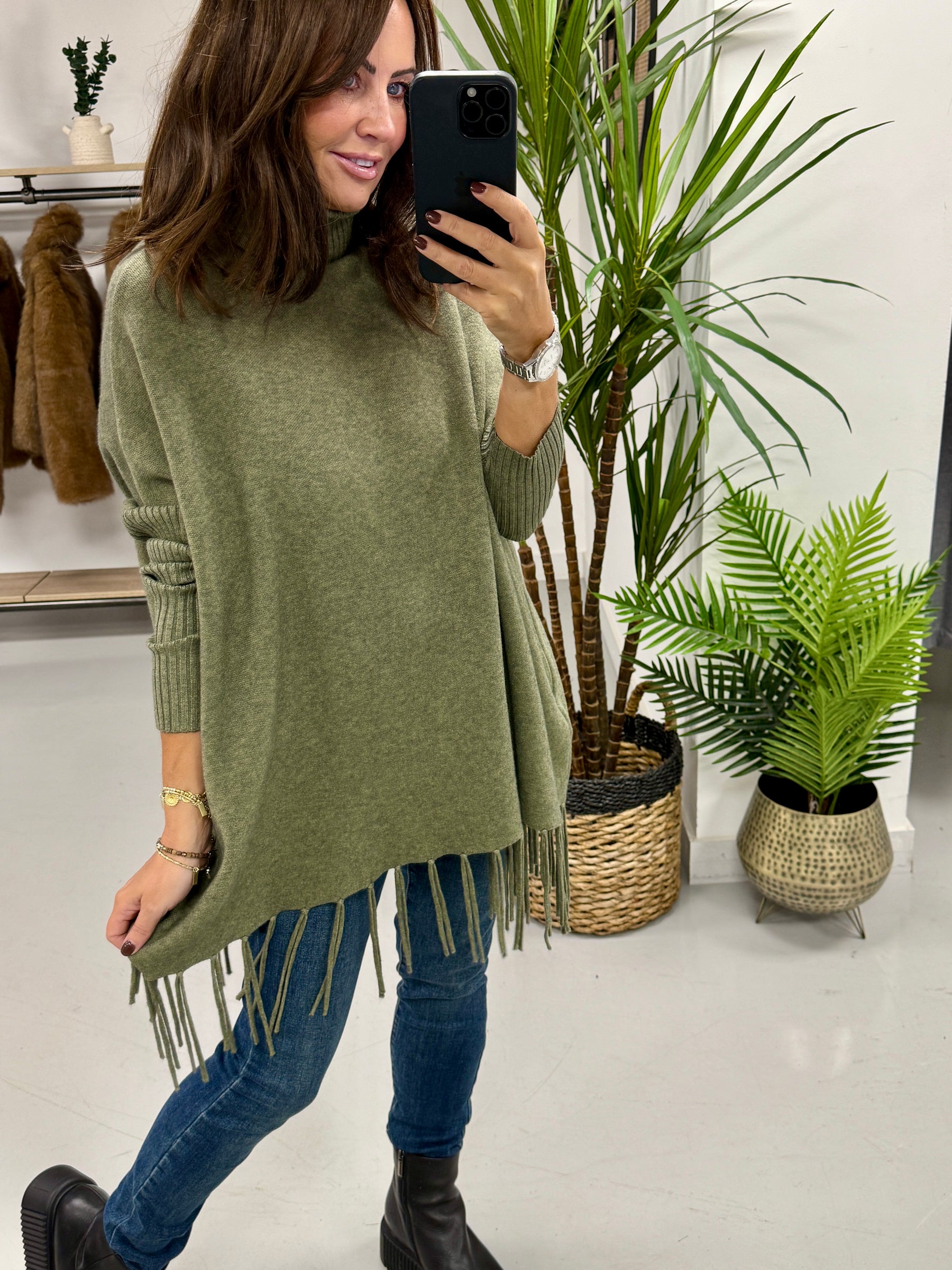 The Roll Neck Fringed Knit - Khaki
