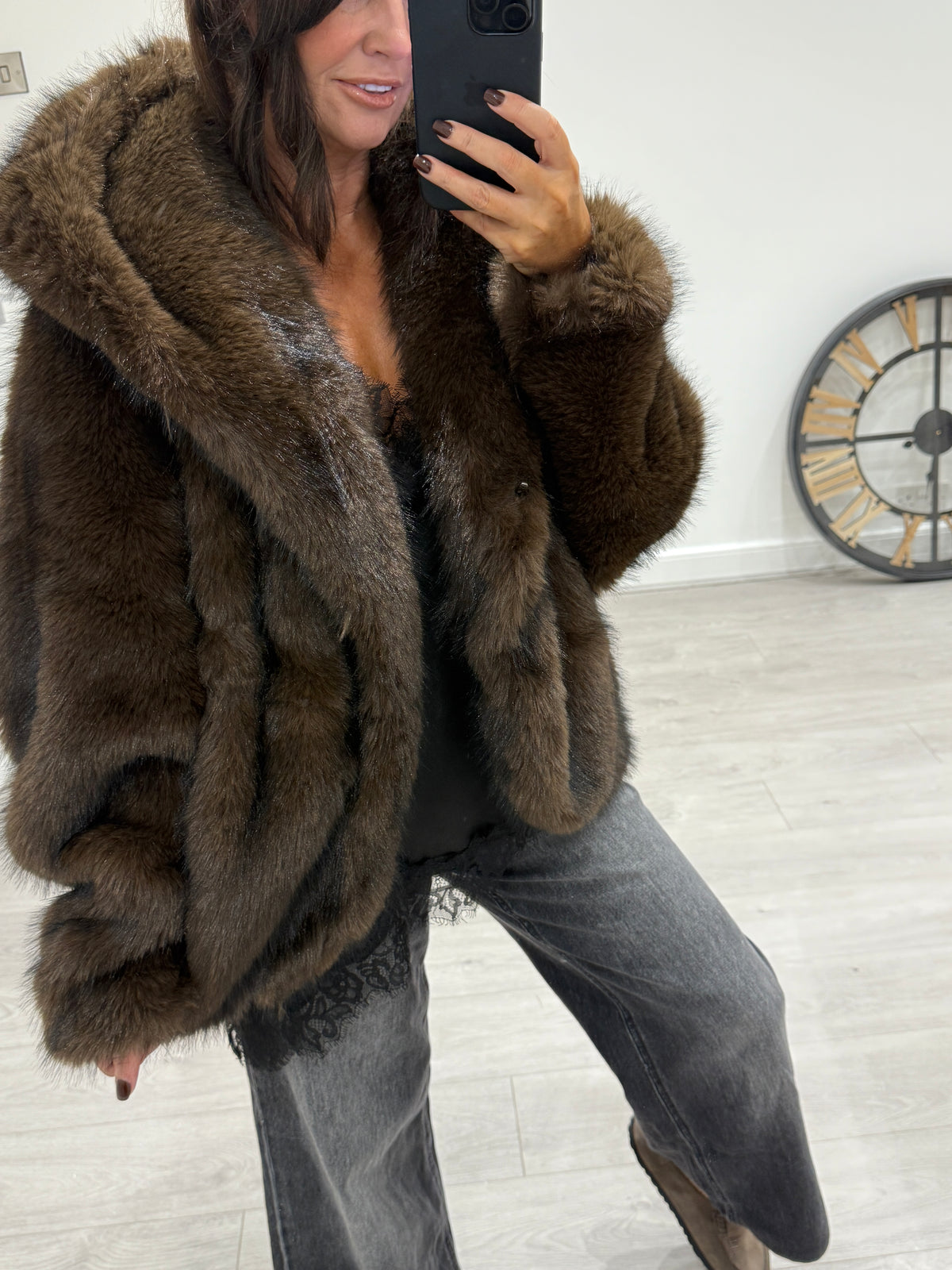 Dark Chocolate Hooded Faux Fur