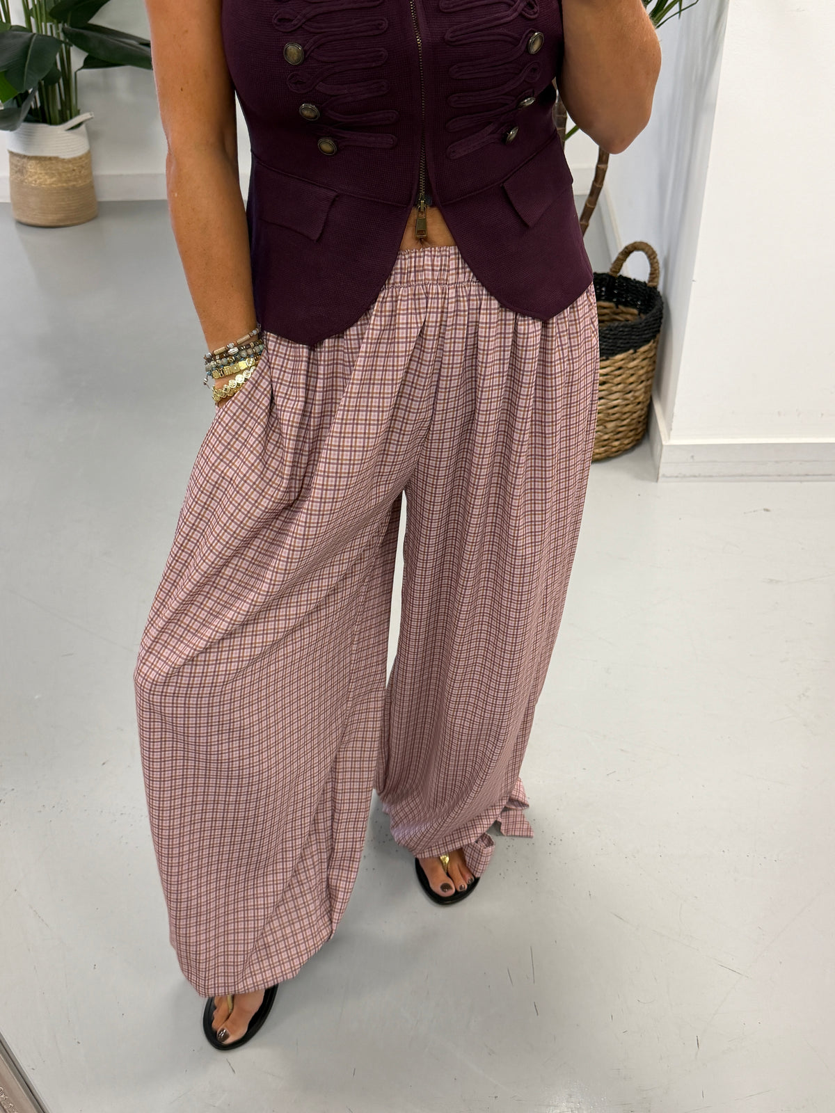 Checked Tie Cuff Trousers -Antique Rose