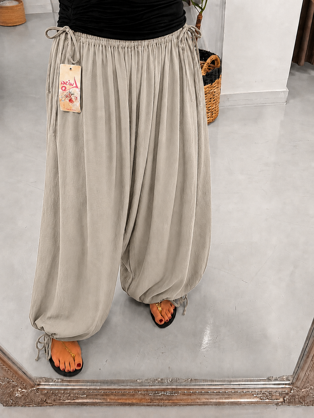 The Crinkle Side Tie Balloon Trousers - Stone (Pre Order)